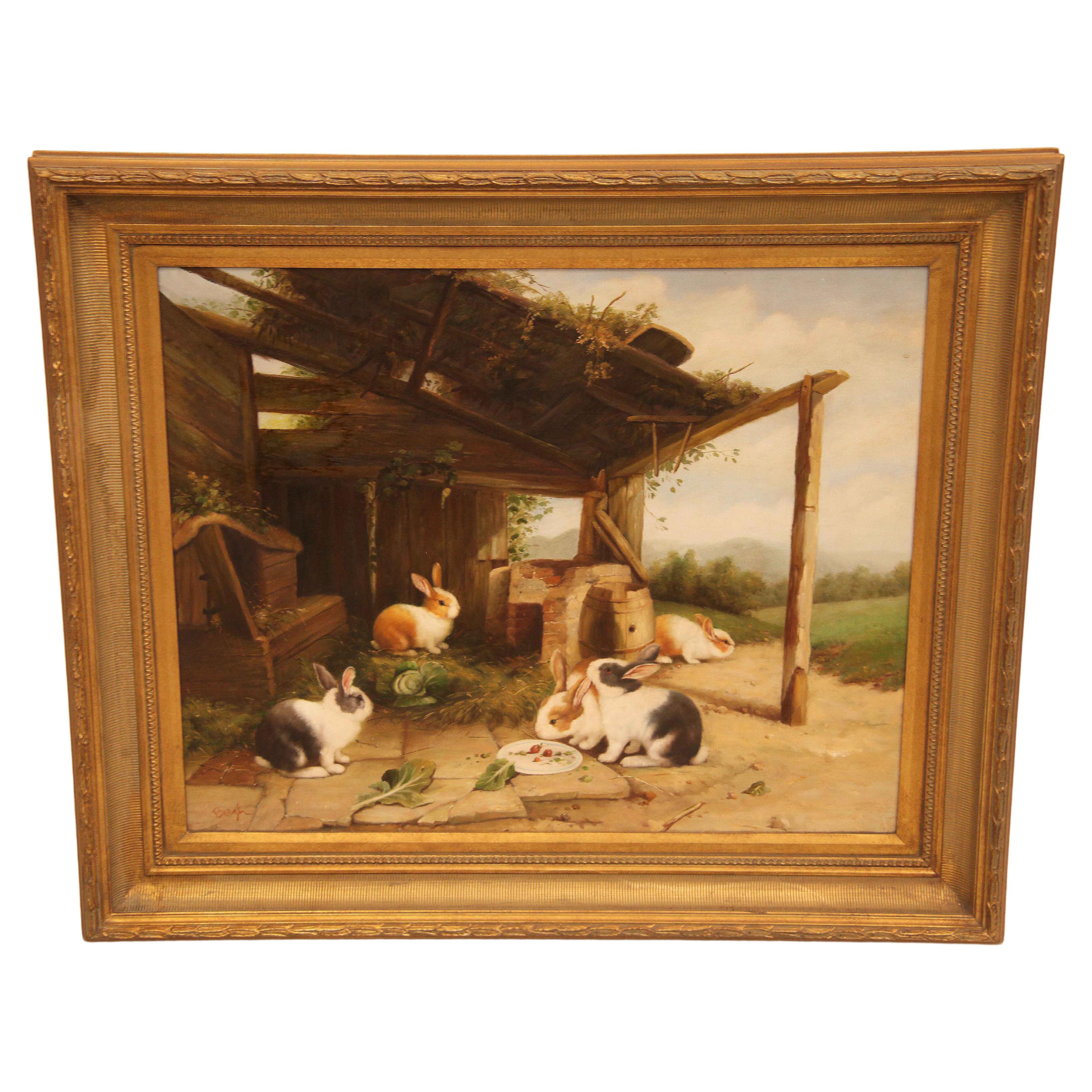 Oil Painting of Rabbits on Canvas For Sale