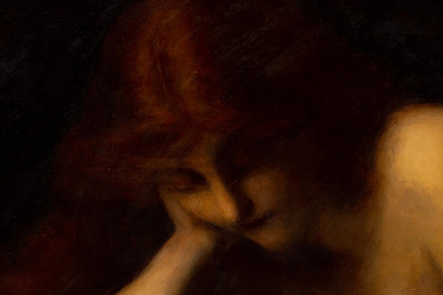 Bois Peinture à l'huile d'une femme nue allongée en train de lire