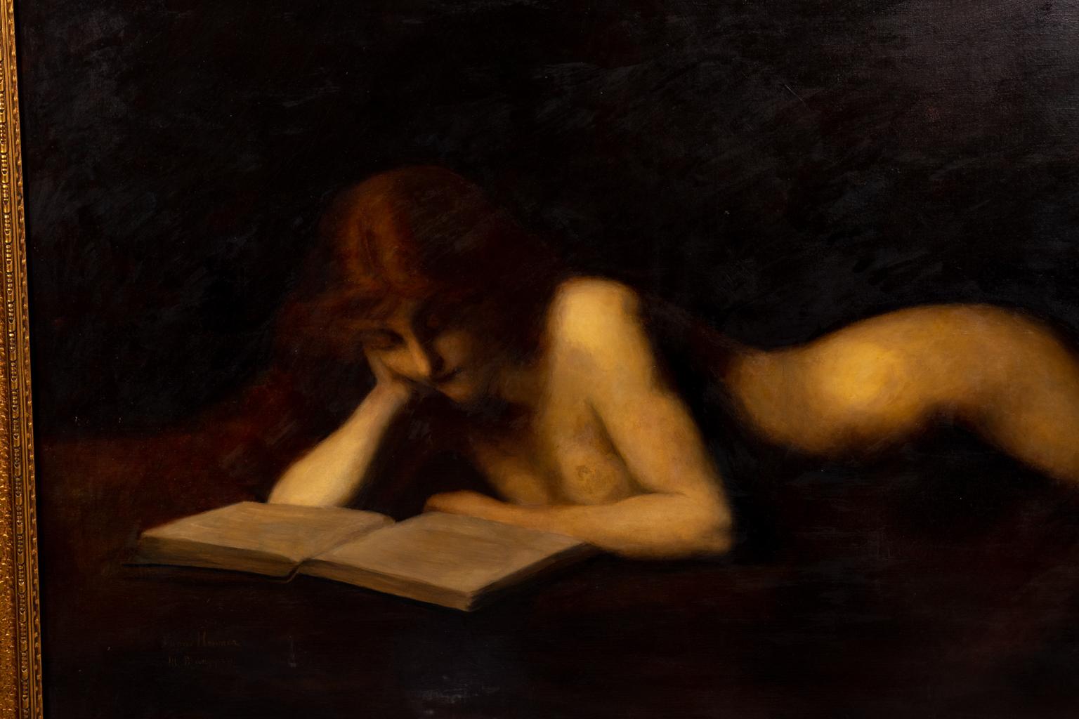 Peinture à l'huile d'une femme nue allongée en train de lire 1