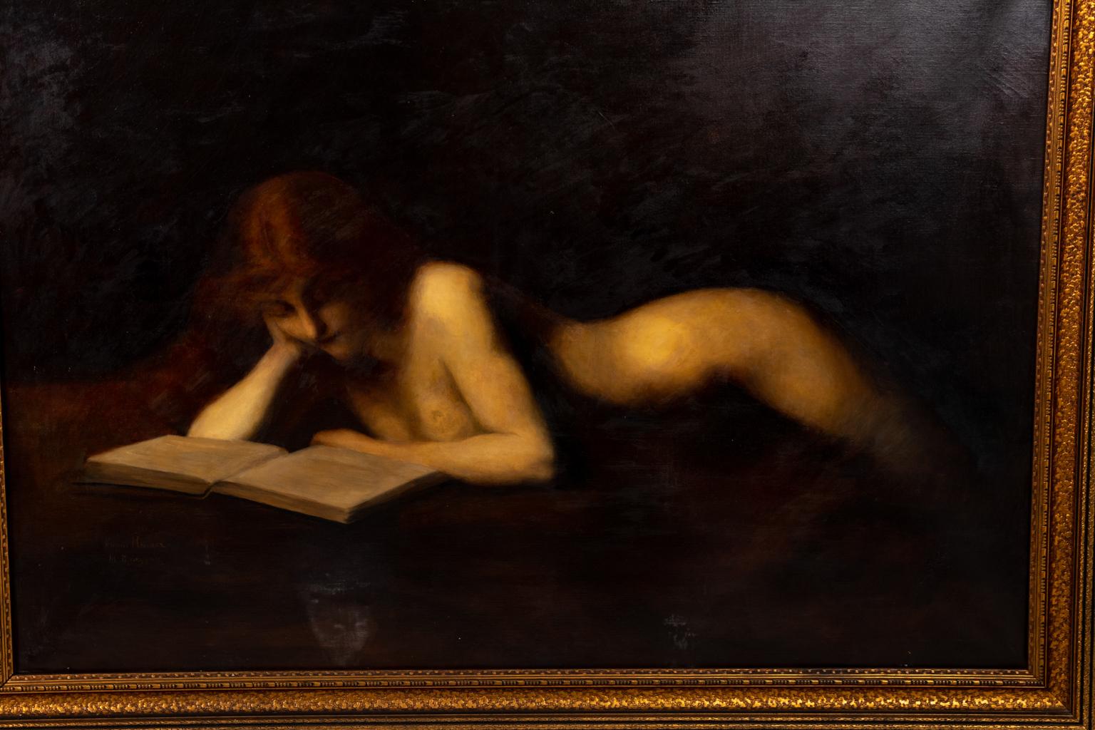 Peinture à l'huile d'une femme nue allongée en train de lire 2