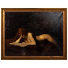 Oil Painting of Reclining Nude Woman Reading