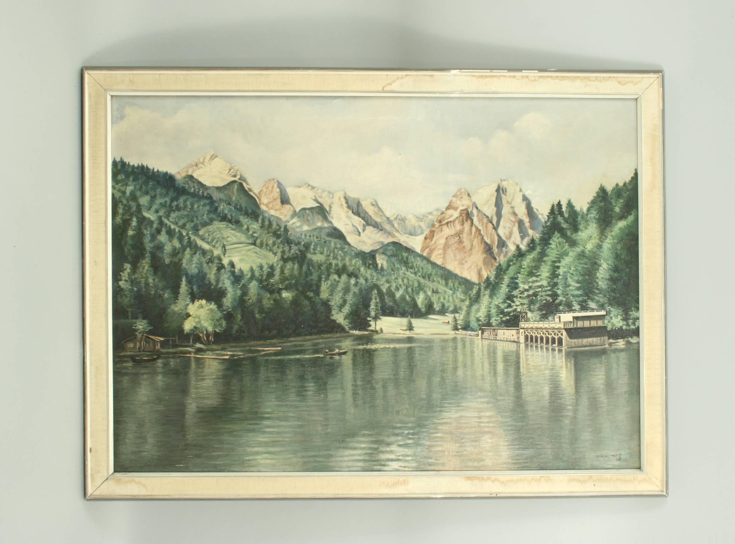 Peinture à l'huile de Rissersee, Allemagne.
Une peinture à l'huile très pittoresque du Rissersee, un lac situé à Grainau près de Garmisch - Partenkirchen, entouré par les Alpes bavaroises. Peint par l'artiste allemand Karl Walther (1880-1954). Il