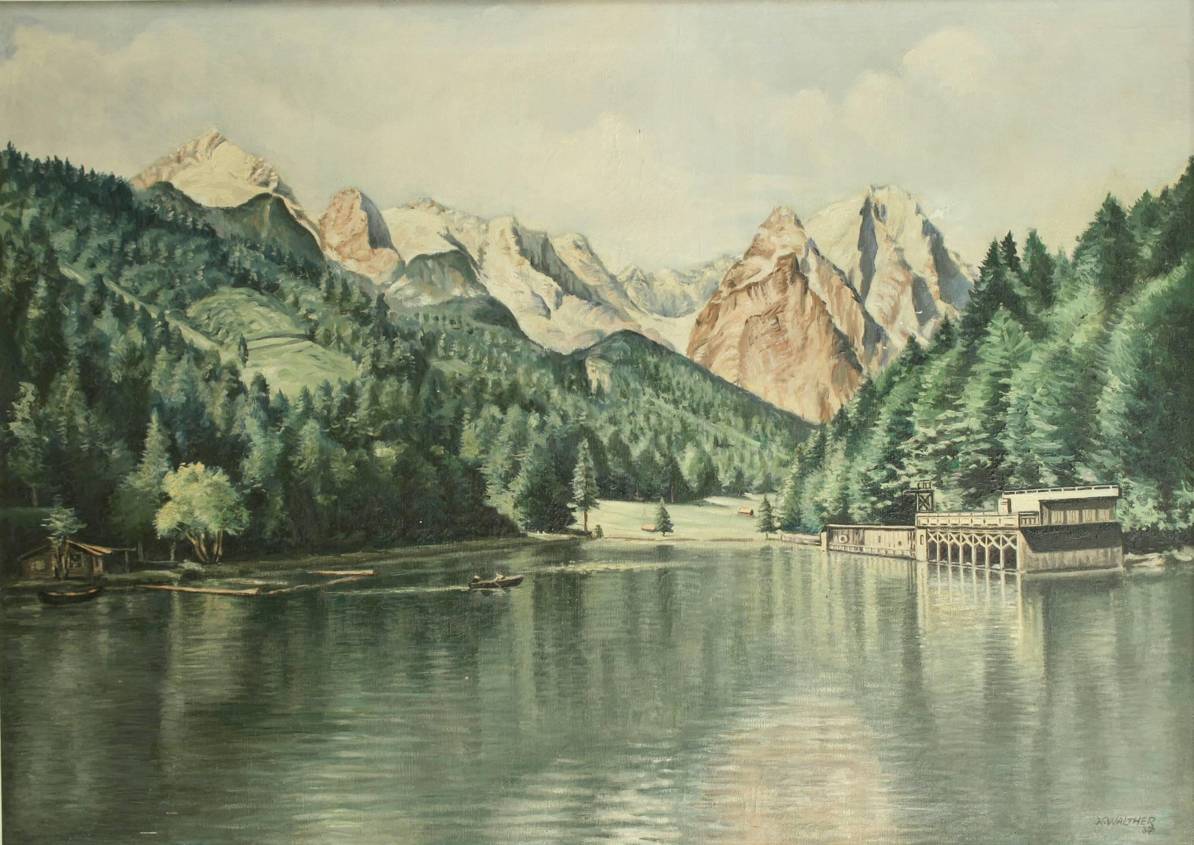 Sporting Art Peinture à l'huile vintage de Rissersee, Bavière, de Karl Walther en vente