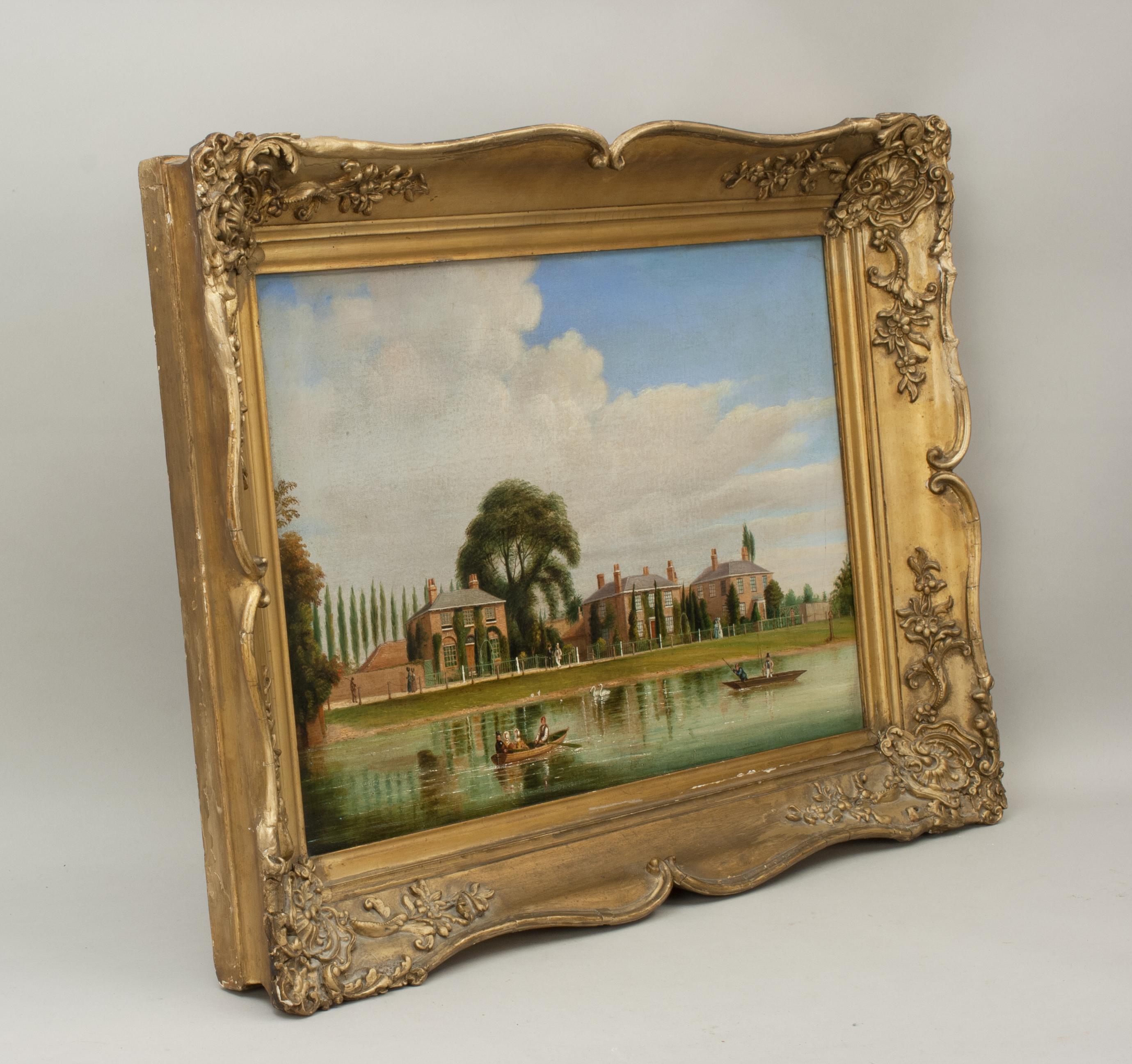 Oil Painting of River Scene with Fishing off Punt, Rowing Picture For Sale 1
