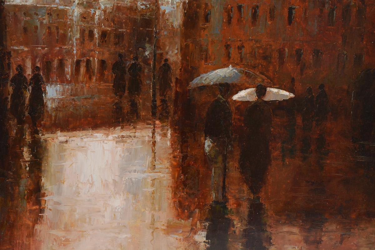 The contemporary oil painting is of a street scene with rain reflecting images on the pavement. Canvas is stretched over a frame. Signed by the artist C. Galiano.
 