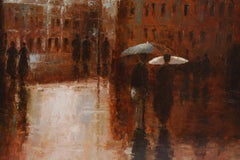 Oil Painting of Street Scene of Couple on Raining Paris Day
