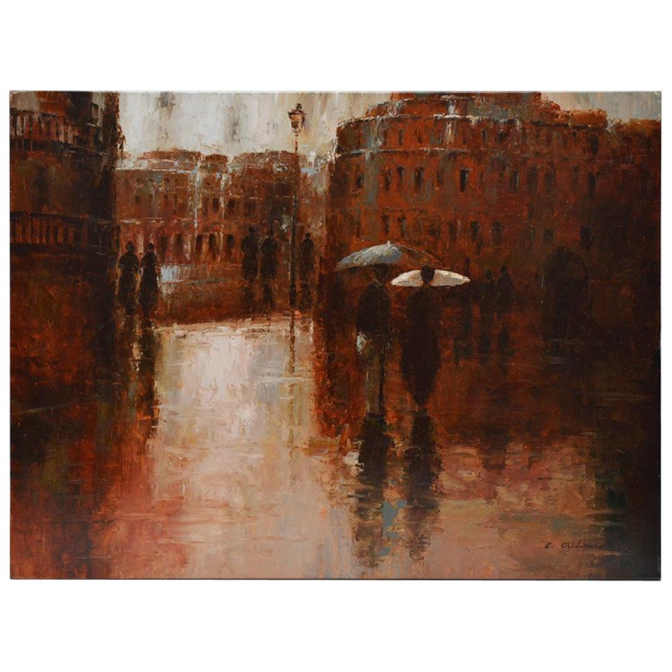 Oil Painting of Street Scene of Couple on Raining Paris Day For Sale