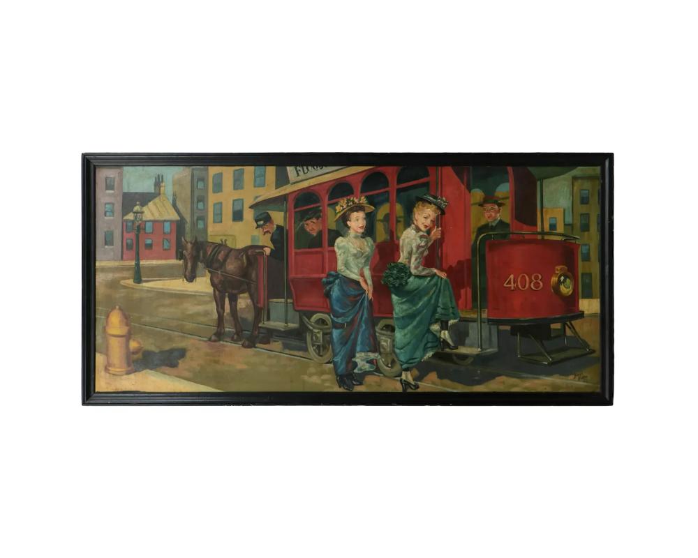 Oil painting of street scene with horse-drawn trolly, Joseph Hudson 1948 
Signed and dated 
