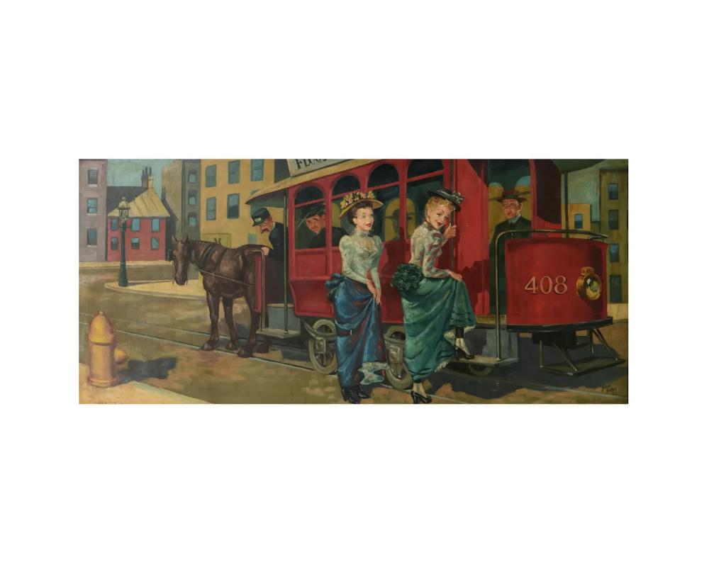 Unknown Oil Painting of Street Scene with Horse-Drawn Trolly, Joseph Hudson, 1948 For Sale