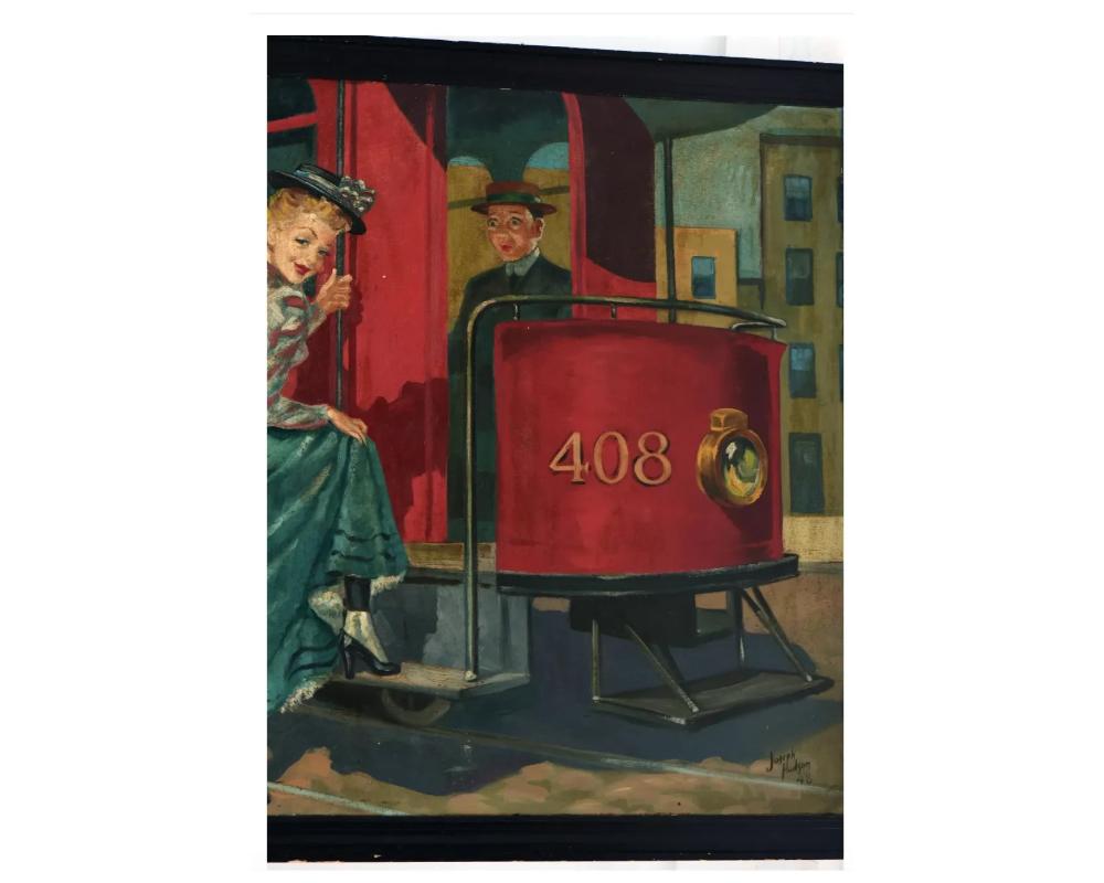 Oil Painting of Street Scene with Horse-Drawn Trolly, Joseph Hudson, 1948 In Good Condition For Sale In New York, NY