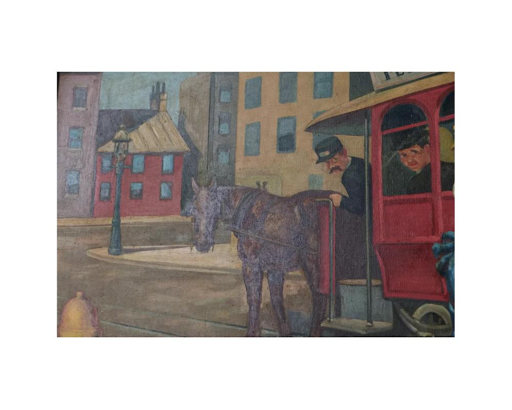 Oil Painting of Street Scene with Horse-Drawn Trolly, Joseph Hudson, 1948 For Sale 1
