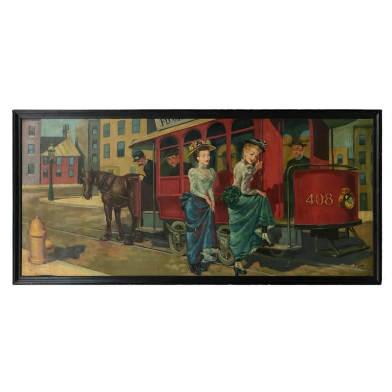 Oil Painting of Street Scene with Horse-Drawn Trolly, Joseph Hudson, 1948 For Sale
