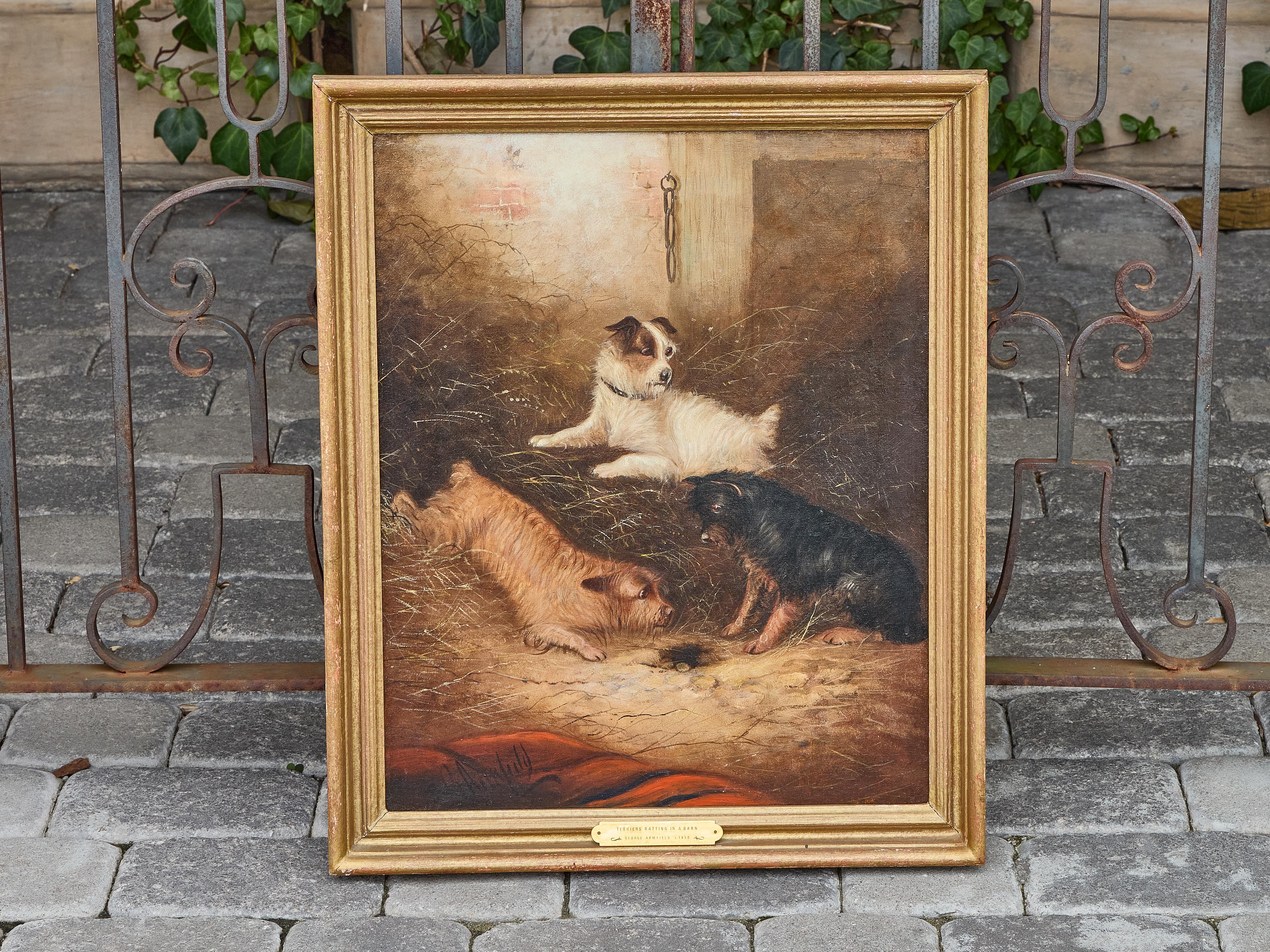 Pintura al óleo de Terriers ratoneando en un granero, firmada George Armfield, hacia 1850 en venta 7
