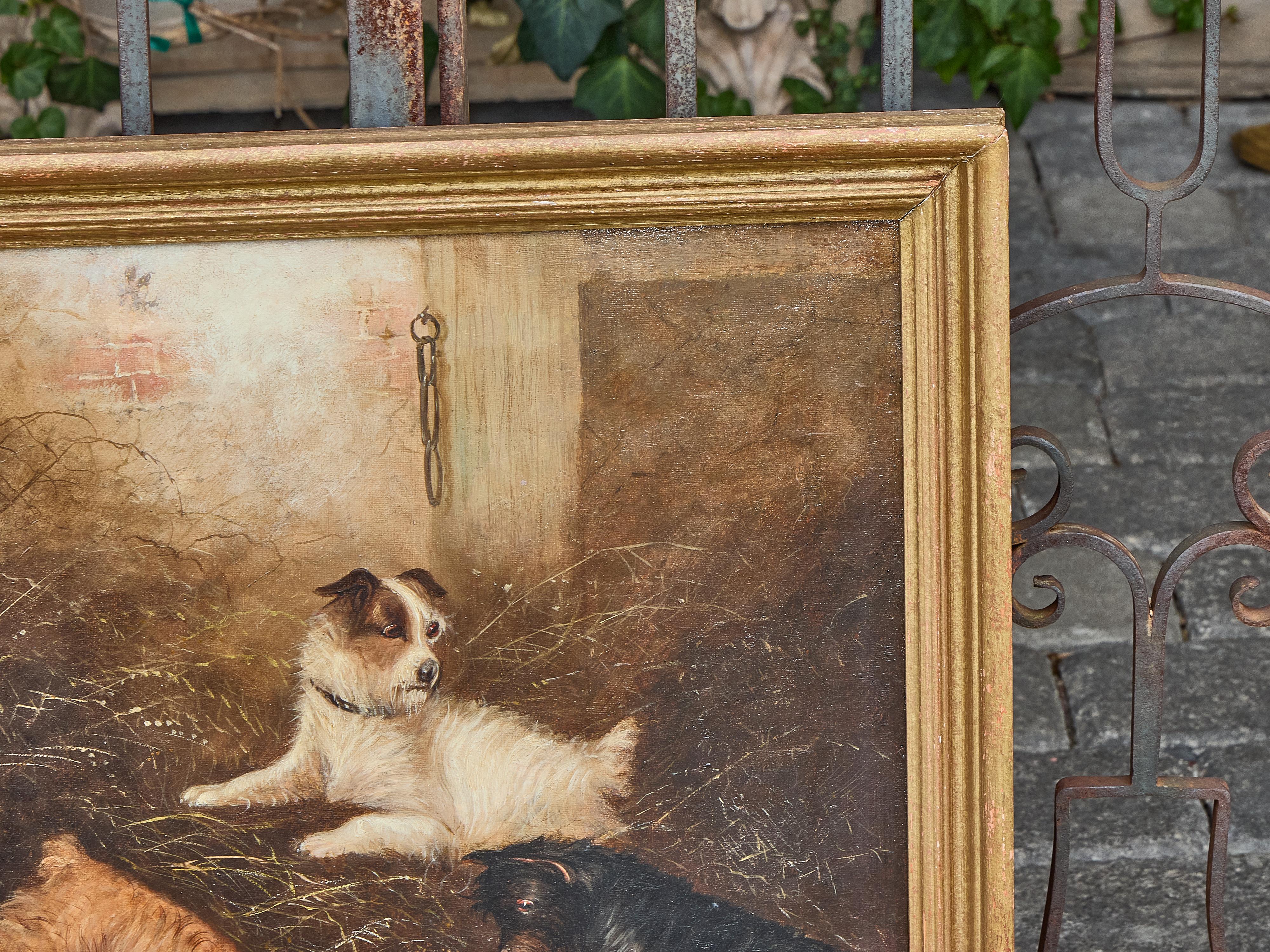Pintura al óleo de Terriers ratoneando en un granero, firmada George Armfield, hacia 1850 Inglés en venta