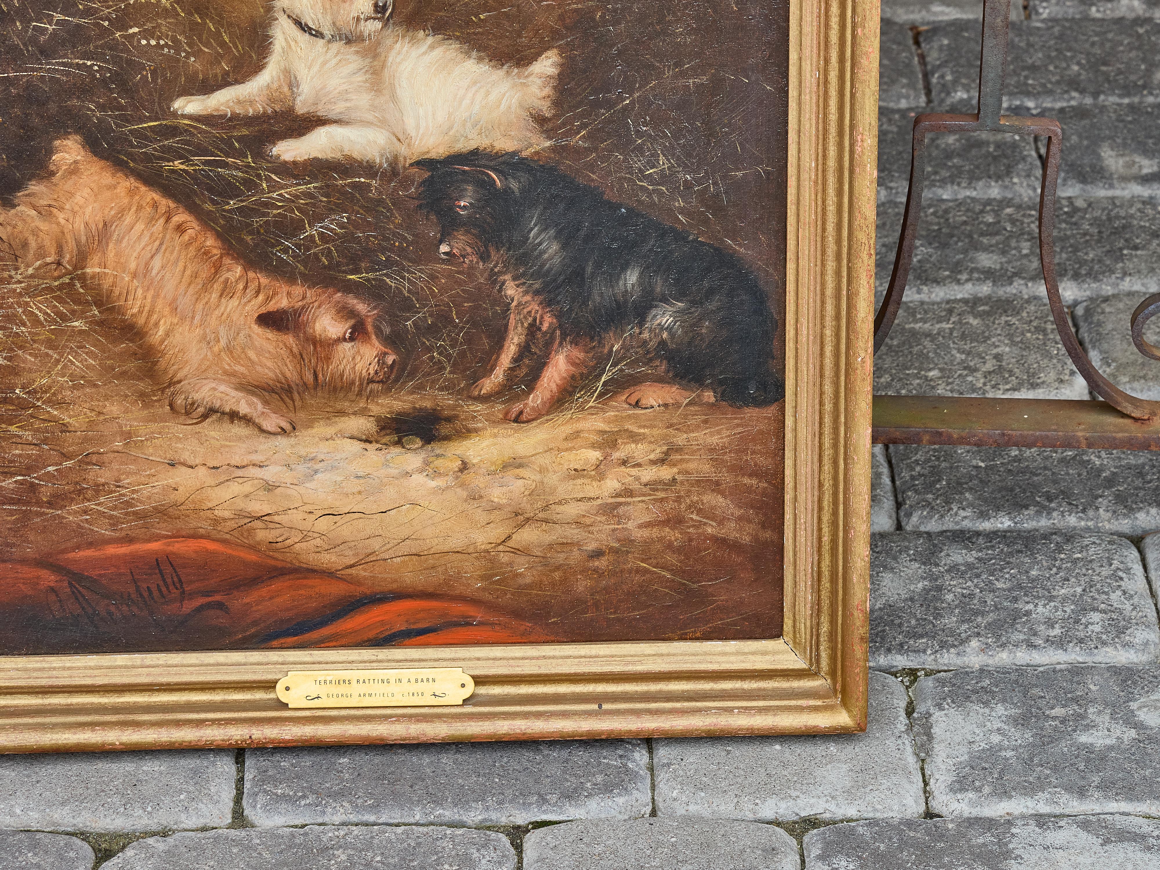 Pintura al óleo de Terriers ratoneando en un granero, firmada George Armfield, hacia 1850 Pintado a mano en venta