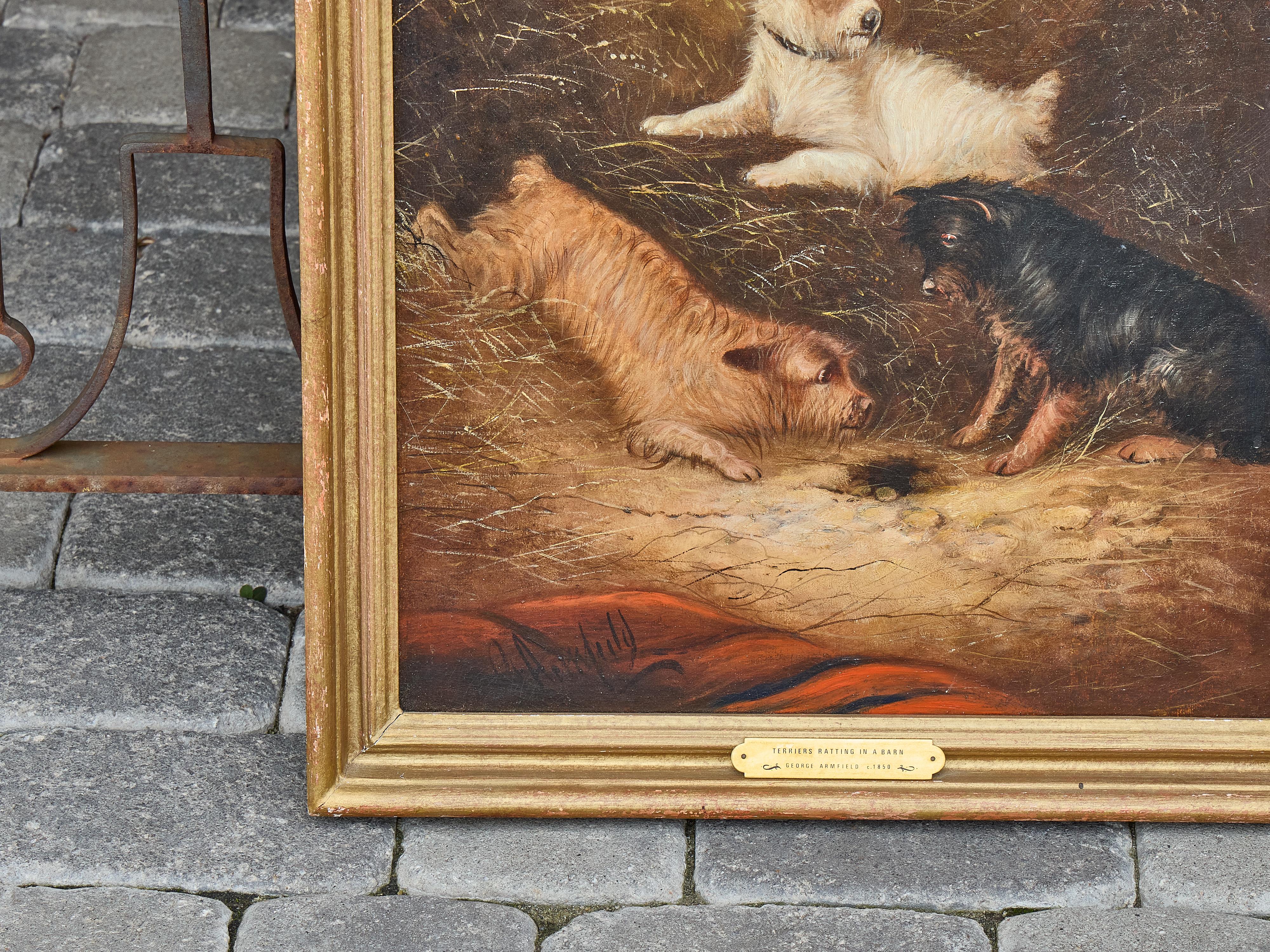 Pintura al óleo de Terriers ratoneando en un granero, firmada George Armfield, hacia 1850 en Bueno estado para la venta en Atlanta, GA