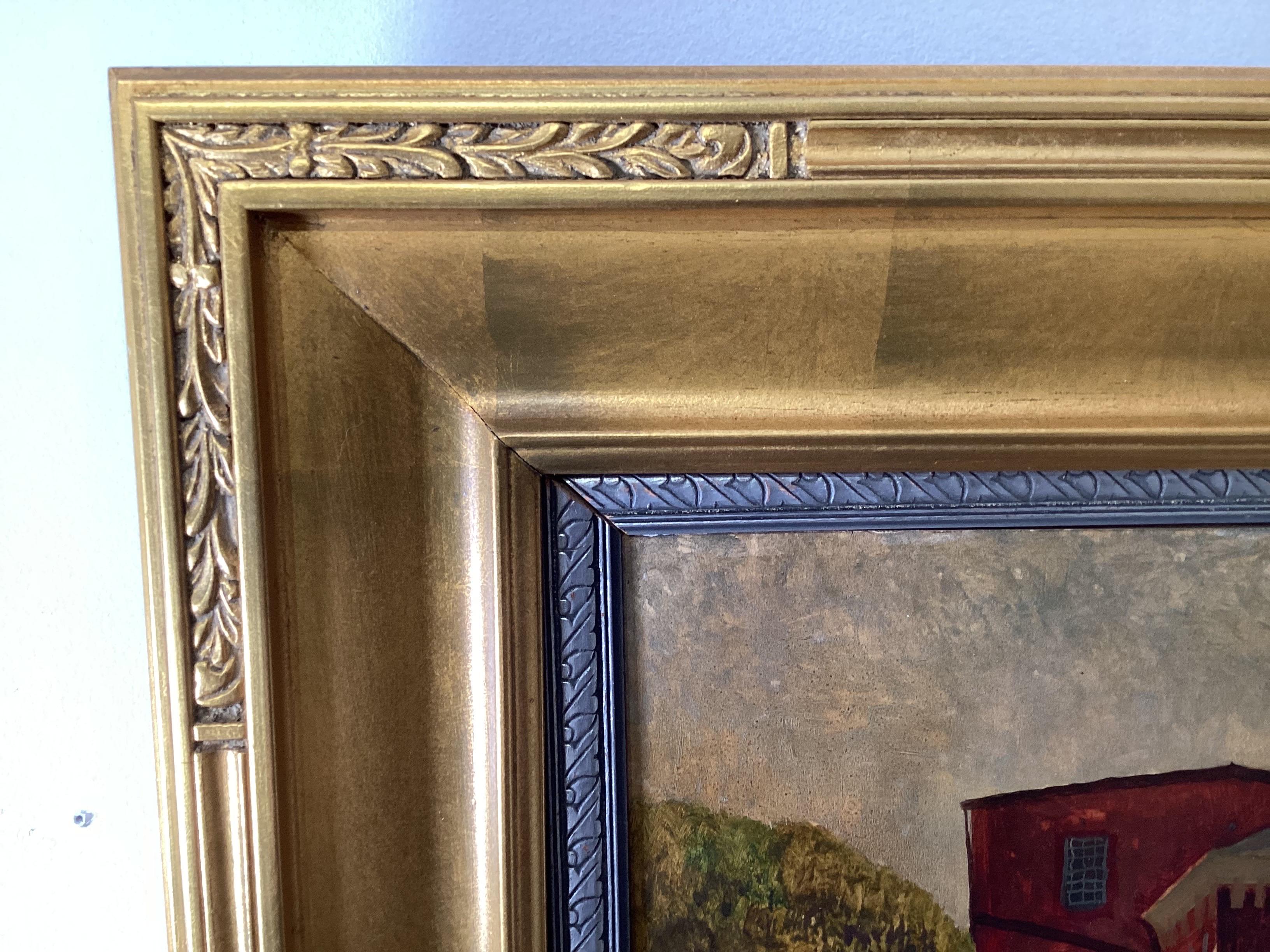 Impressionist oil painting on board in giltwood frame by Joseph Remlinger

Joseph J. Remlinger (New Jersey/Pennsylvania, 1909-1967), Towle Lace Works, 1951. Oil on Card Sketch. Signed 'J.J. Remlinger' and dated '1951' lower left. Titled 'Towle Lace