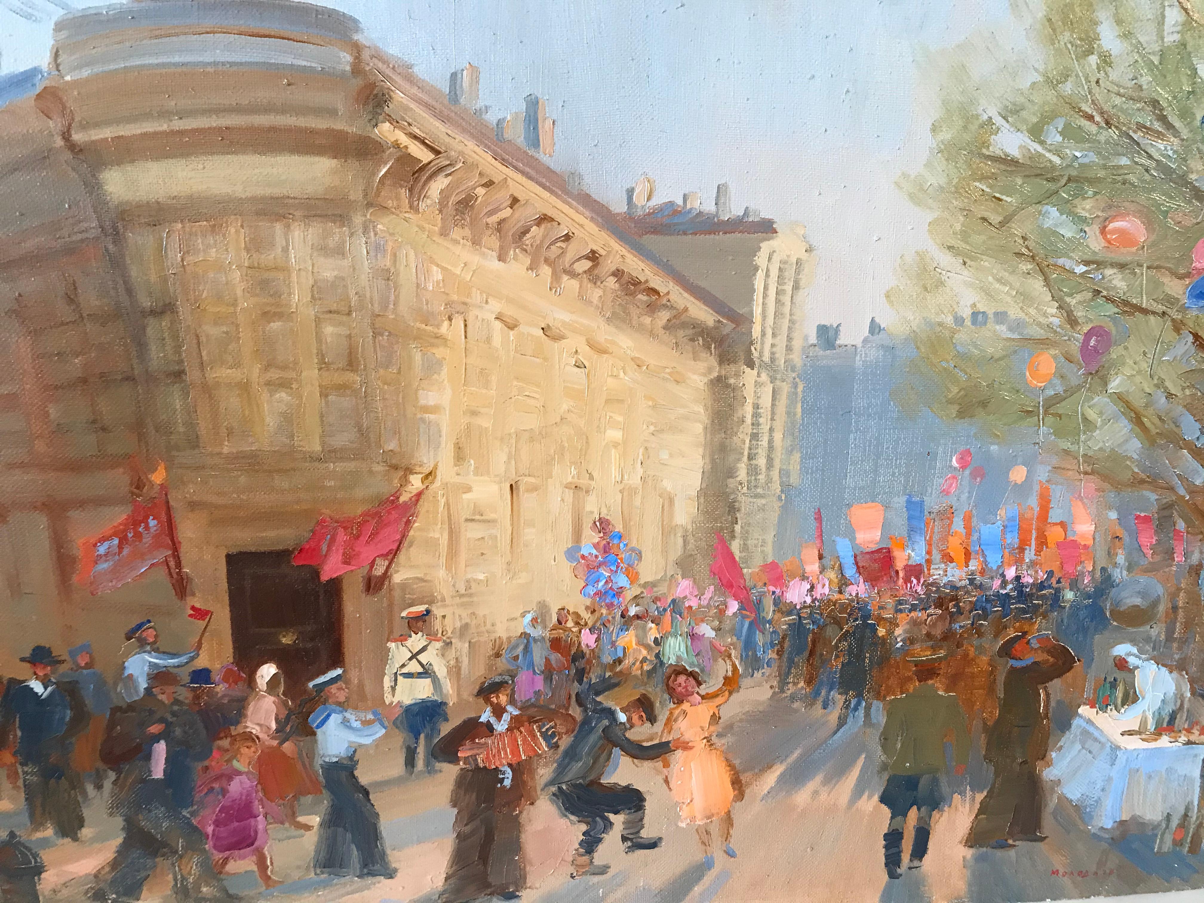 Celebration of the Russian National day oil painting signed Molodtsov who was a student at the Academy of the 