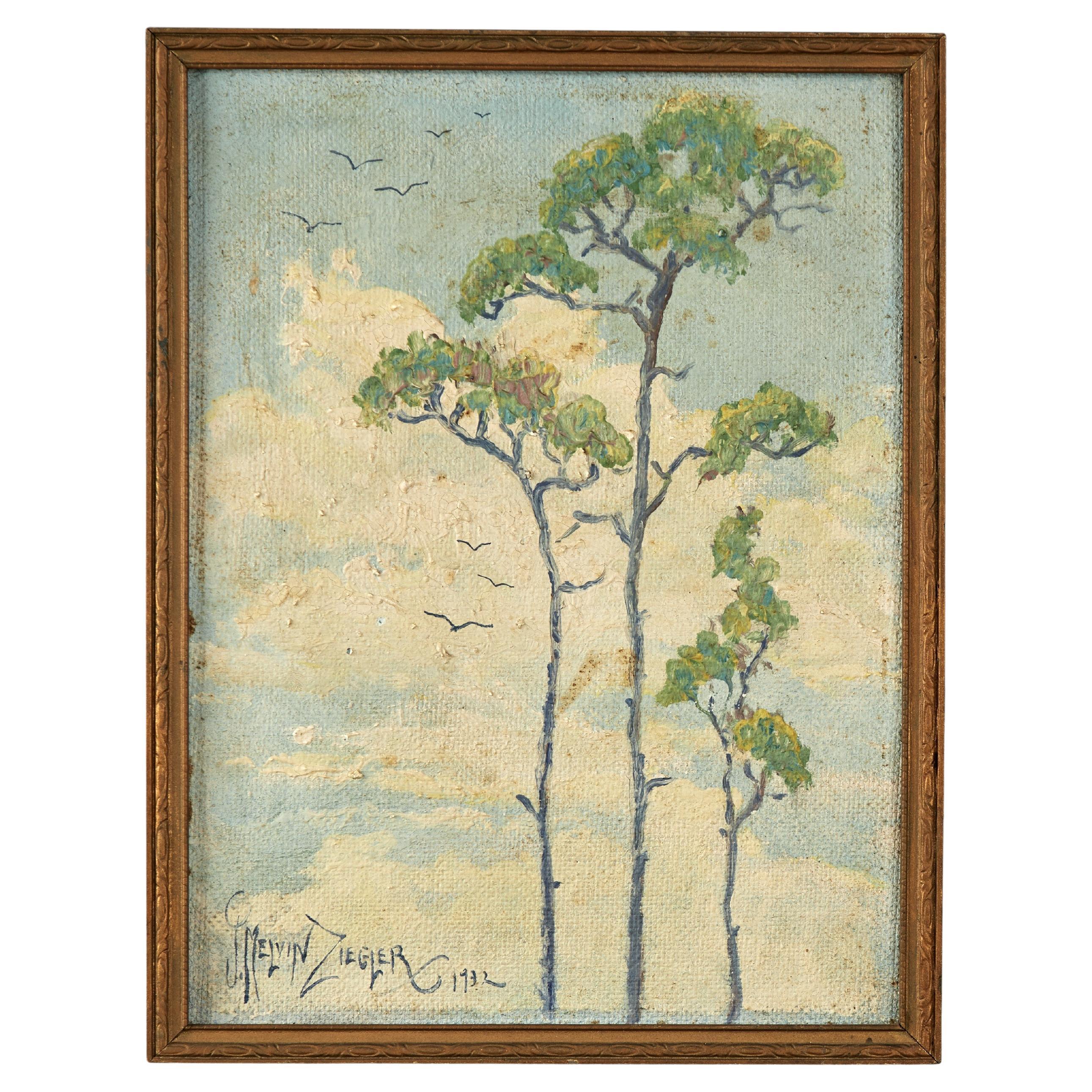 Pittura a olio di alberi e uccelli dell'artista della Florida J Melvin Ziegler