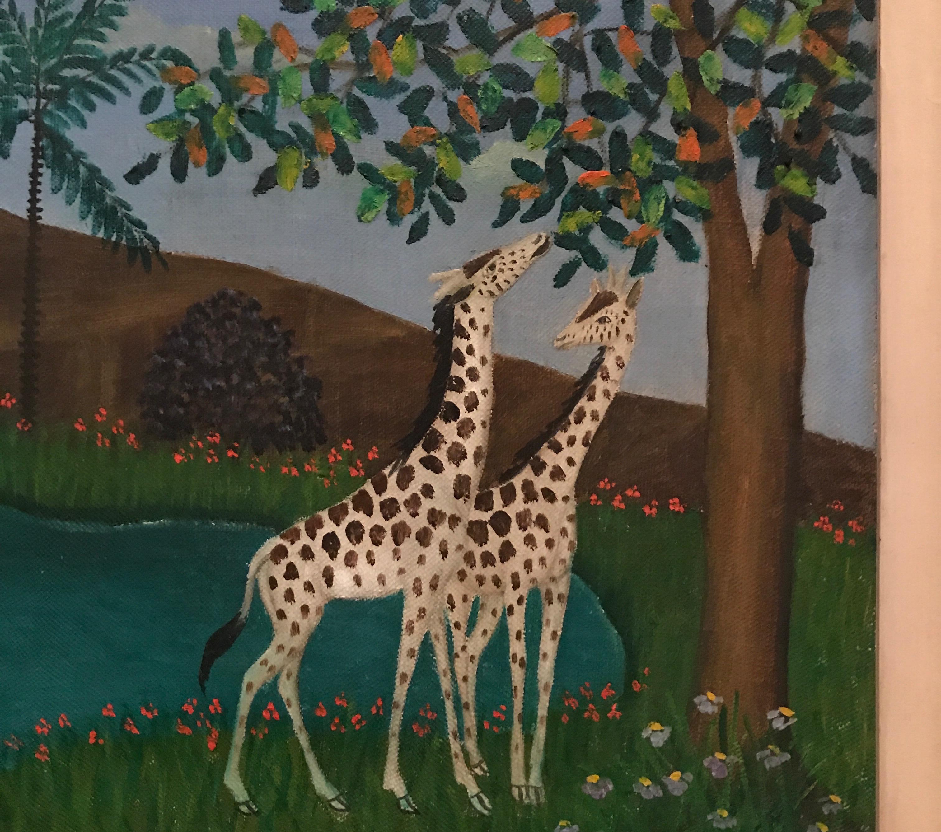 Beautiful original landscape painting featuring a pair of giraffe's grazing in charming tropical setting. Size of image is 9.25 x 10.5.