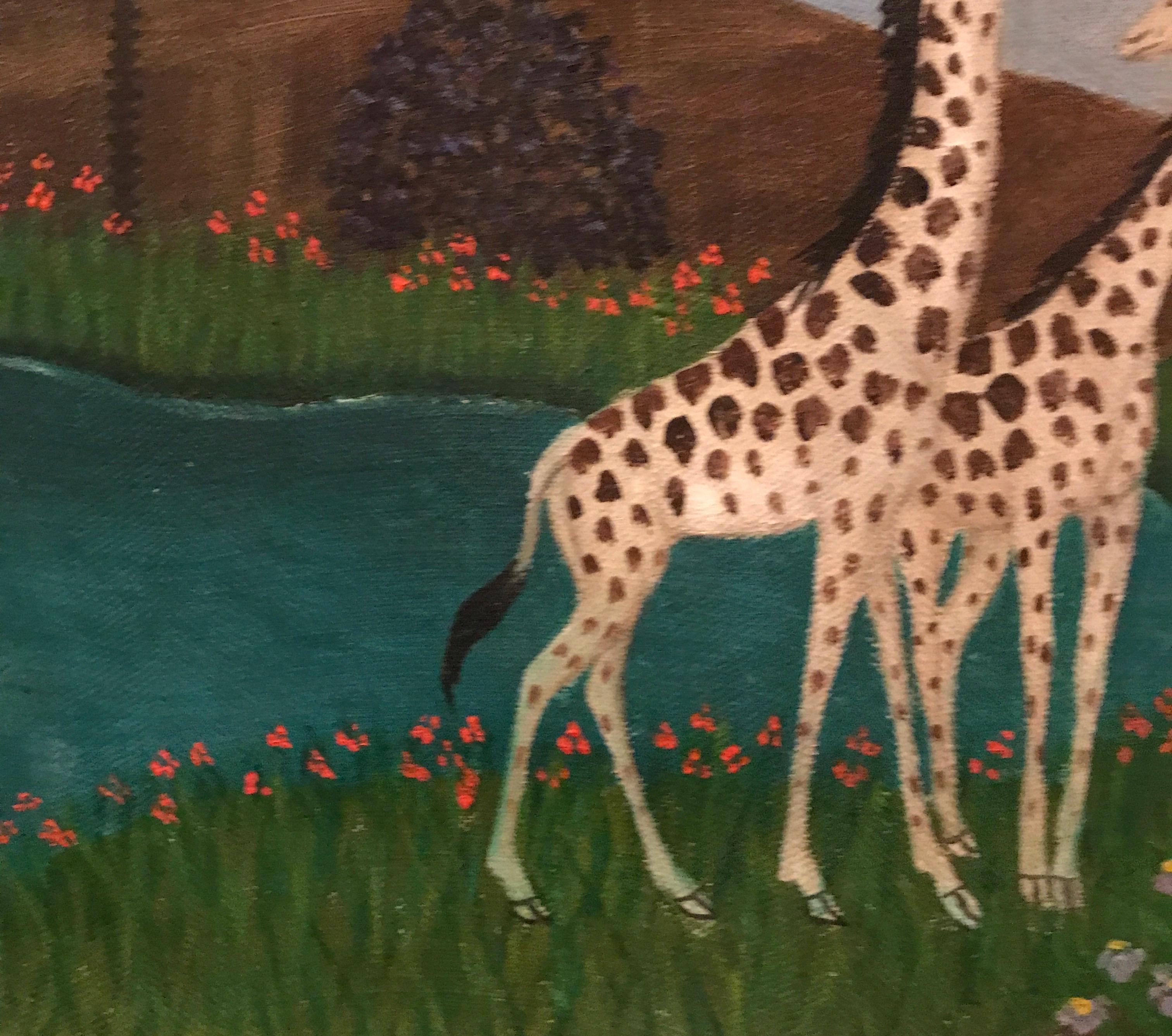 Oil Painting of Two Giraffe's by Lawrence Lebduska In Good Condition For Sale In West Palm Beach, FL