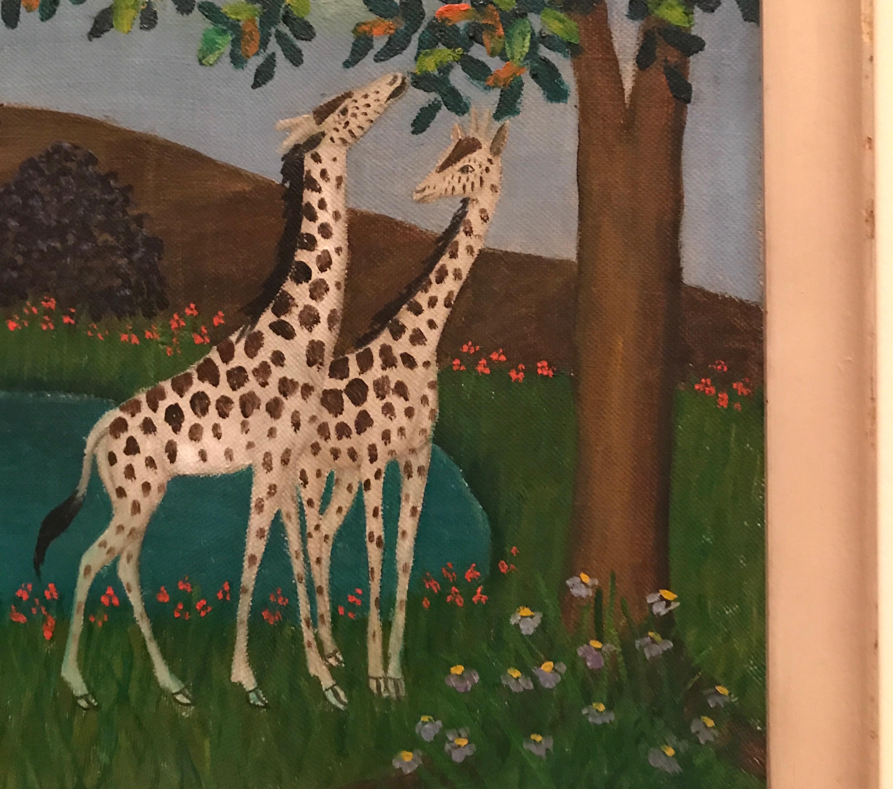 20th Century Oil Painting of Two Giraffe's by Lawrence Lebduska For Sale