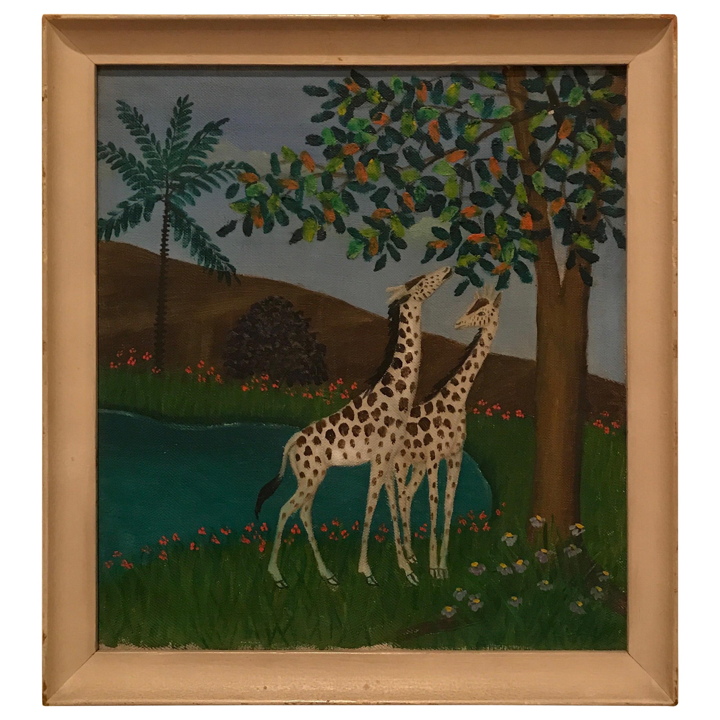 Peinture à l'huile de deux girafes par Lawrence Lebduska