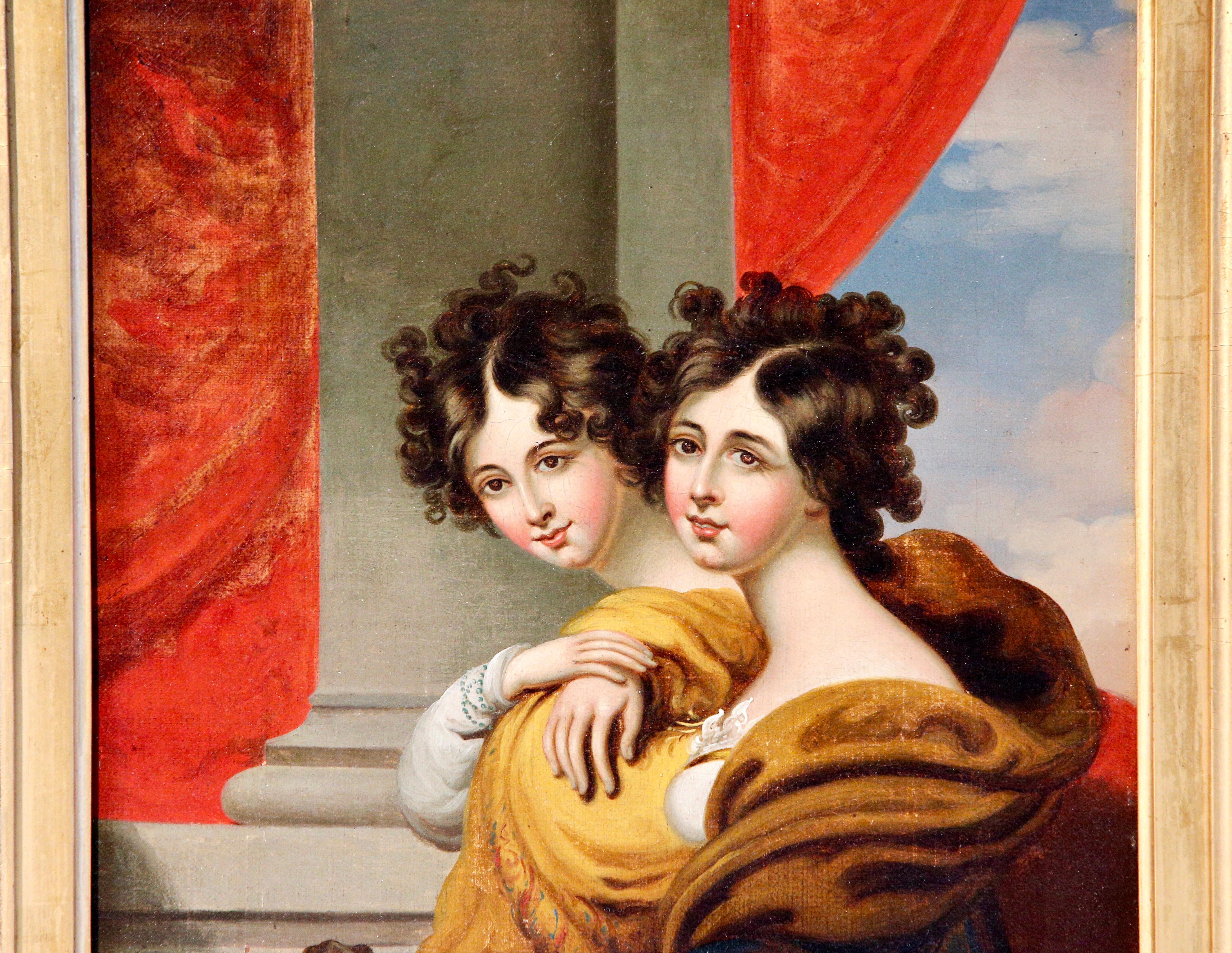 In the Manner of George Henry Harlow and George Chinnery two sisters, seated, half length, before a column, wearing shawls and red drapes. 
.
         
     