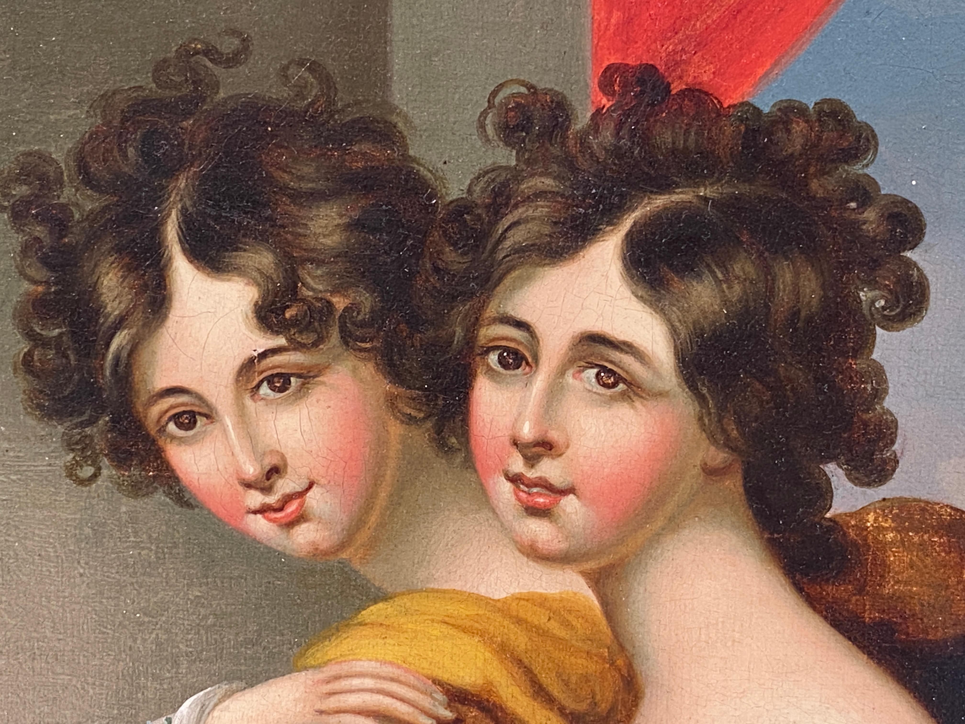 Victorien Peinture à l'huile de deux sœurs à la manière de George Henry Harlow 19e siècle en vente
