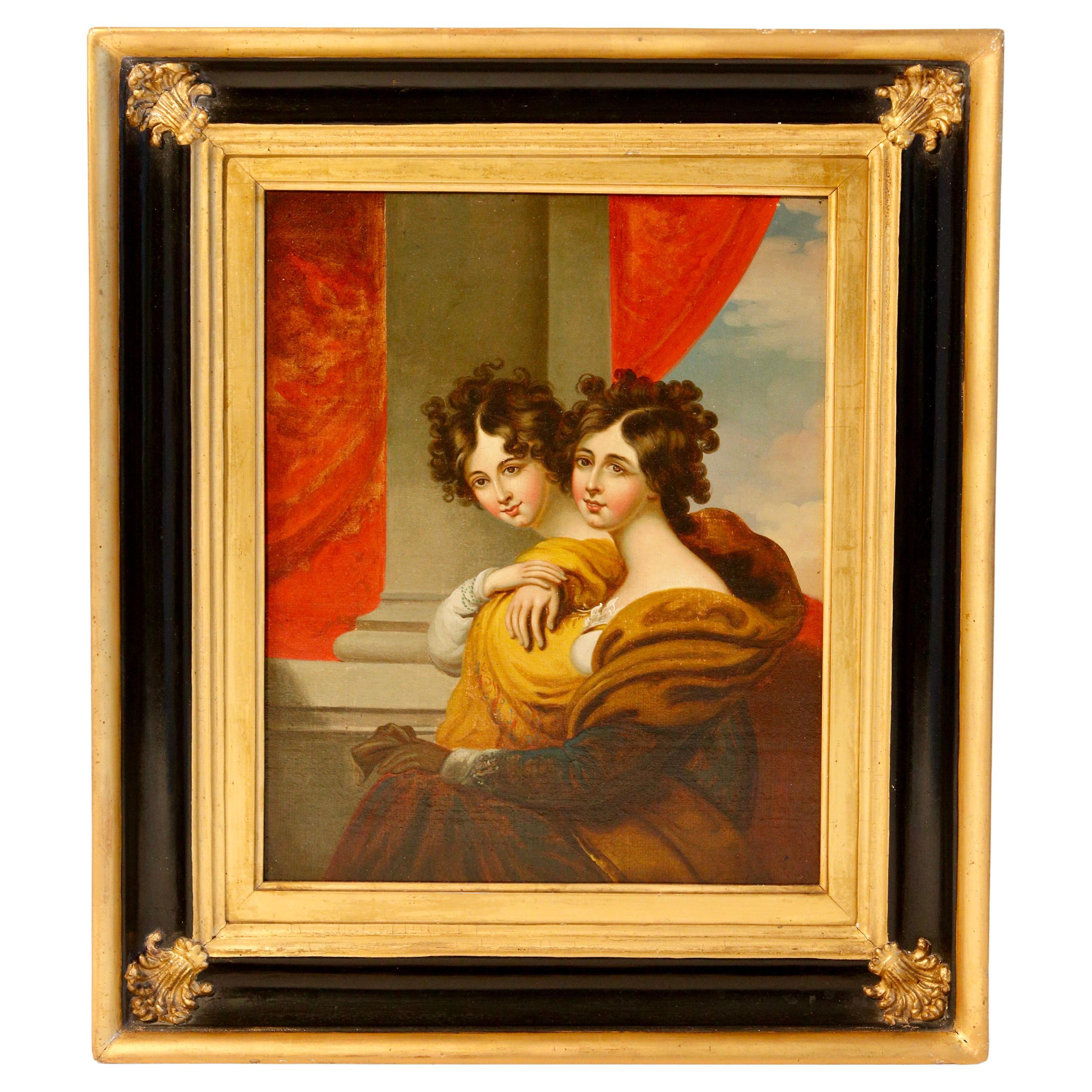 Oil Painting of Two Sisters in the Manner of George Henry Harlow 19th C For Sale