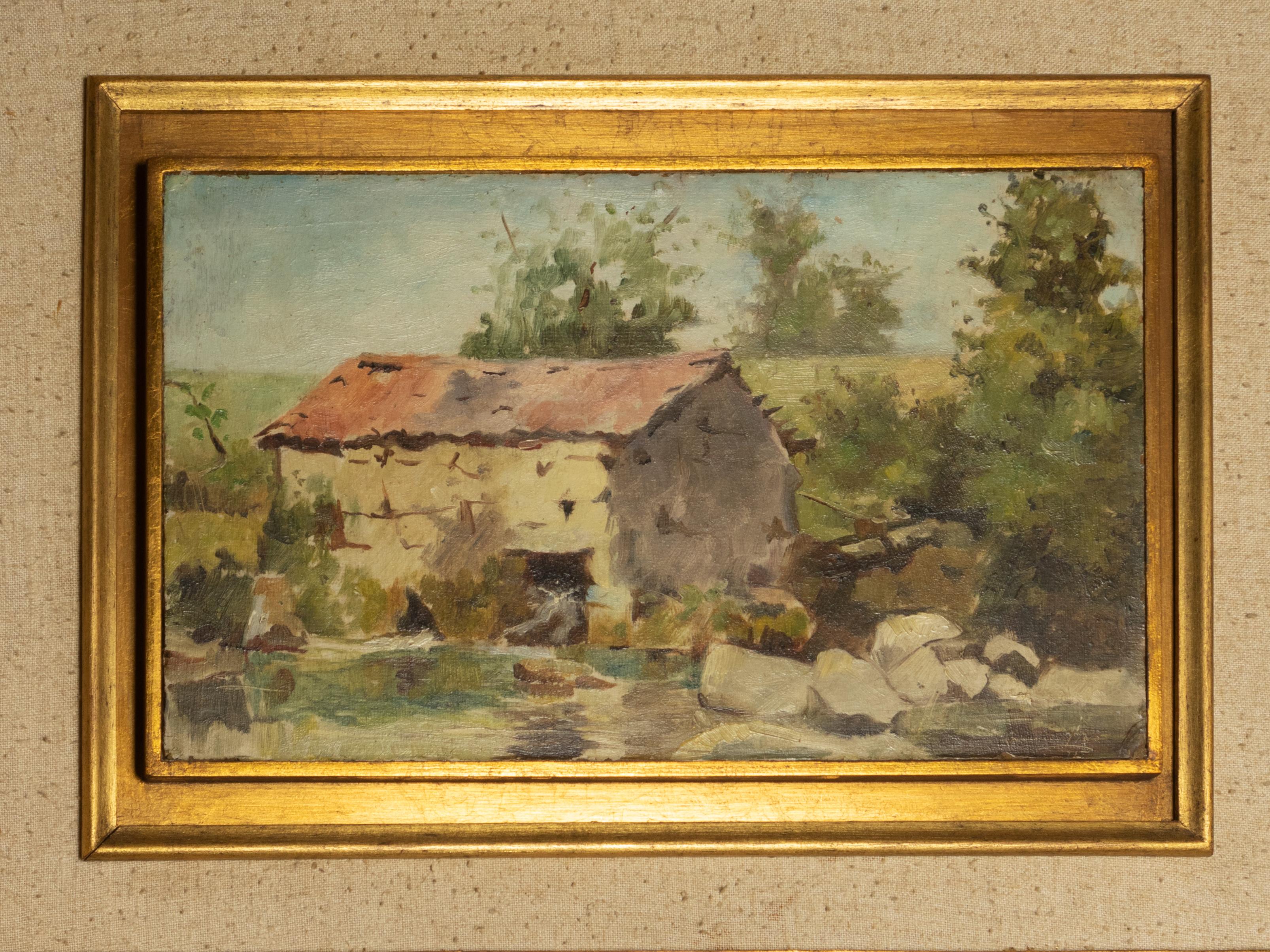 A 20th Century Portuguese Late Naturalism painting by Acácio Lino (1878 a 1956) with a river landscape and a watermill.

Signed «Acacio Lima»

Acácio Lino developed his career in historic painting with works in the Chiado Museum, Soares dos Reis