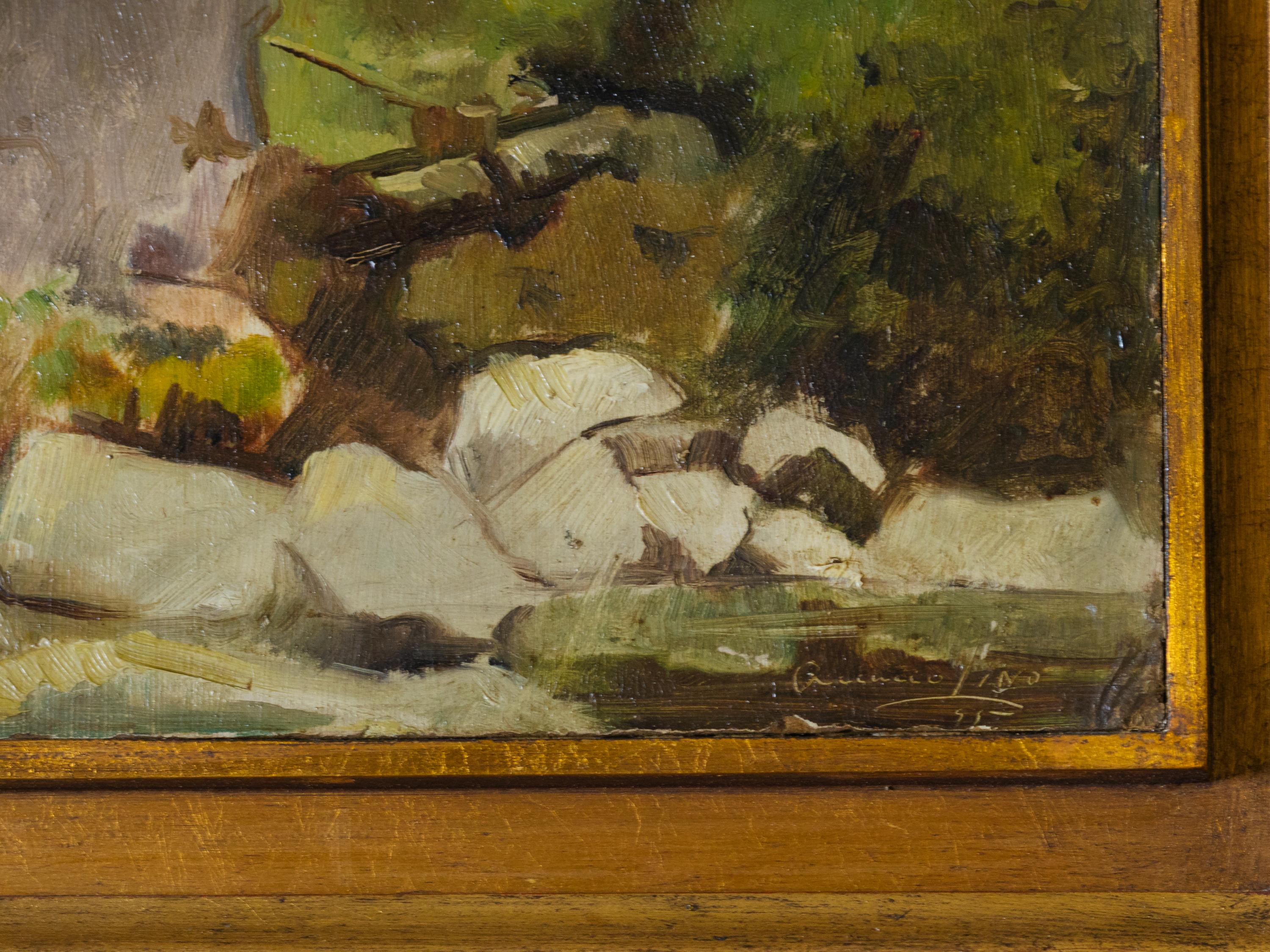 Oiled Oil Painting Of Watermill, Acacio Lino, (20th Century) For Sale