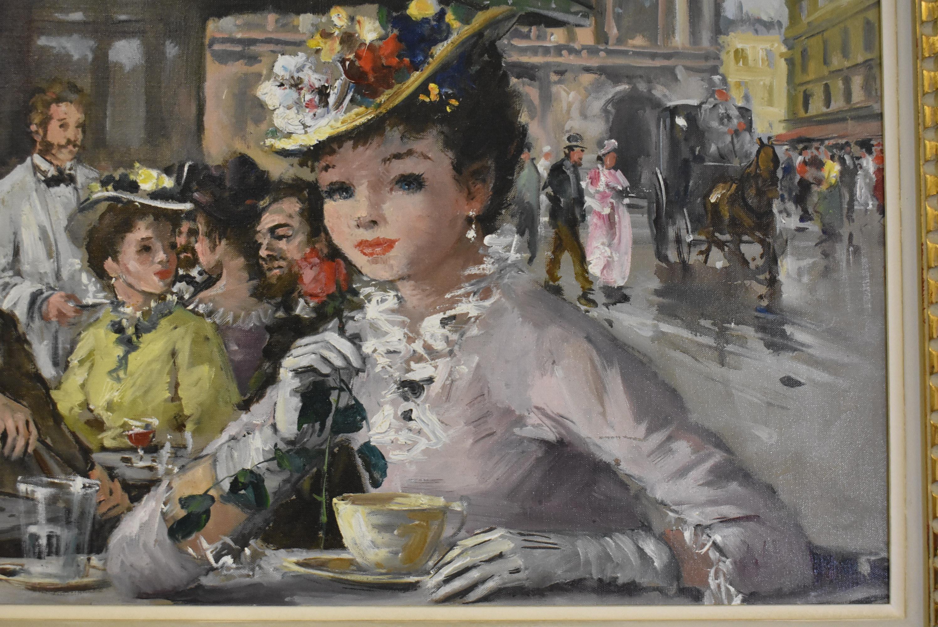 Oil painting on board of French street scene / cafe. Elegant lady with a floral hat drinking coffee. Many patrons enjoying outdoor dining while watching a bustling street with horse drawn carriage. Framed in carved wood frame.