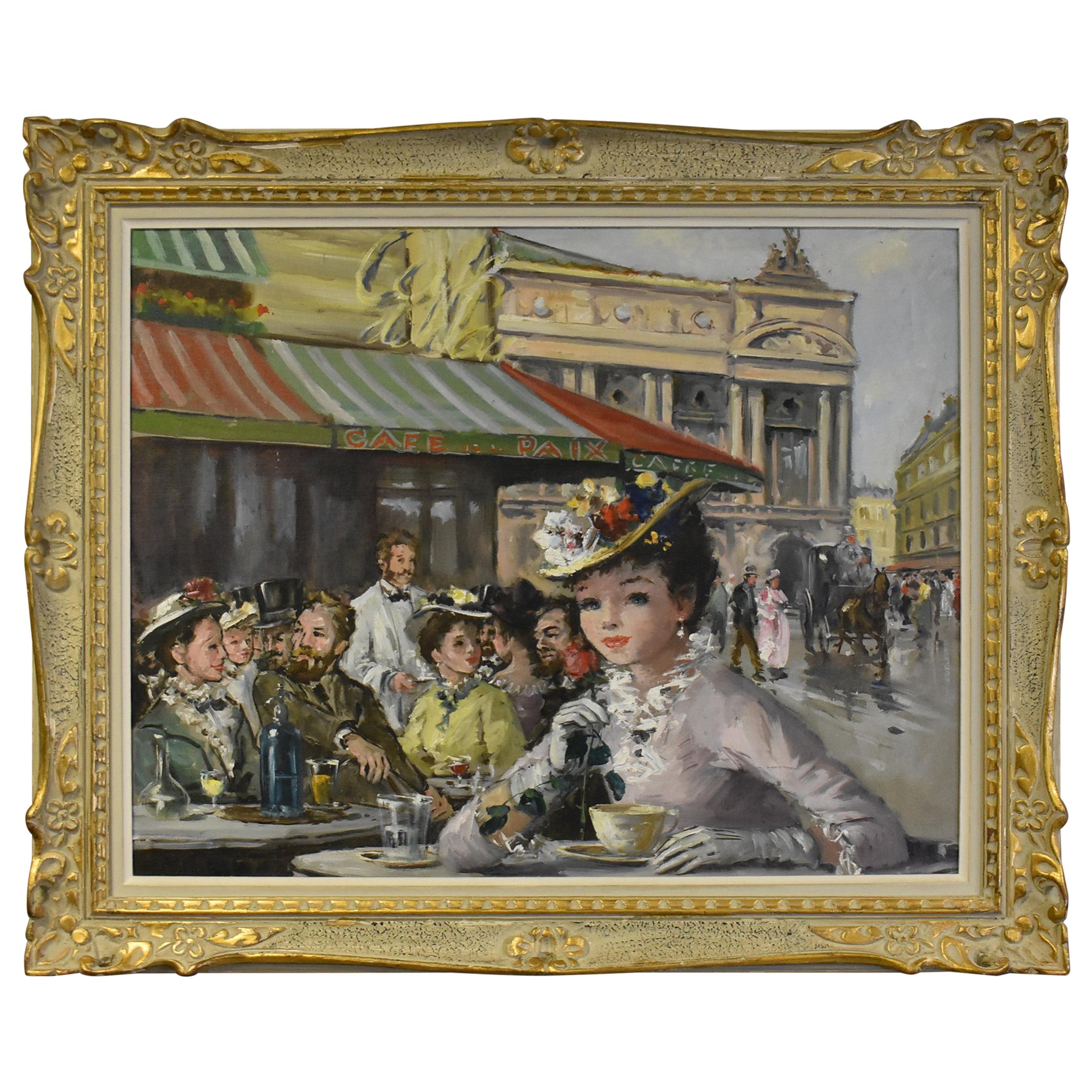 Oil Painting on Board "Cafe Paix" French Street Cafe Scene Lady in Hat 