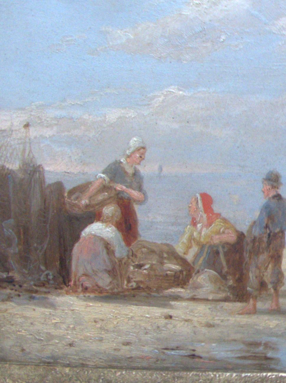 PIETER CORNELIIS DOMMERSEN Dutch 1834-1900
Fmous for his marine subjects. He showed a great sense of composition with atmospheric activity in his scenes
The fishermen in deep conversation having landed a good catch and with the boats with full