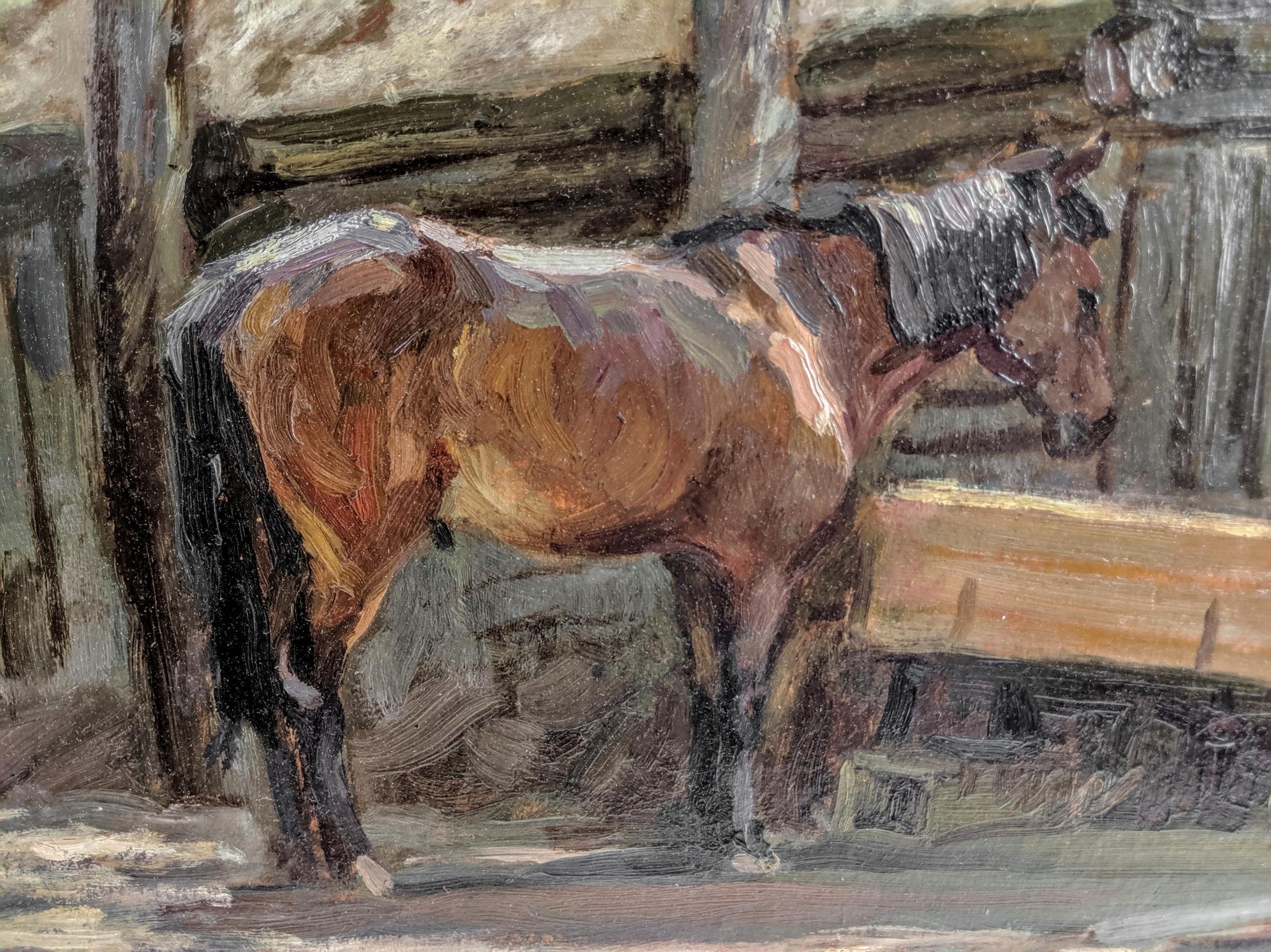 Oil painting on board, horse feeding, after Sir Alfred Munnings (British, 1878-1959), circa 1940.
In excellent antique condition and ready to hang. 

Frame size: 16.5