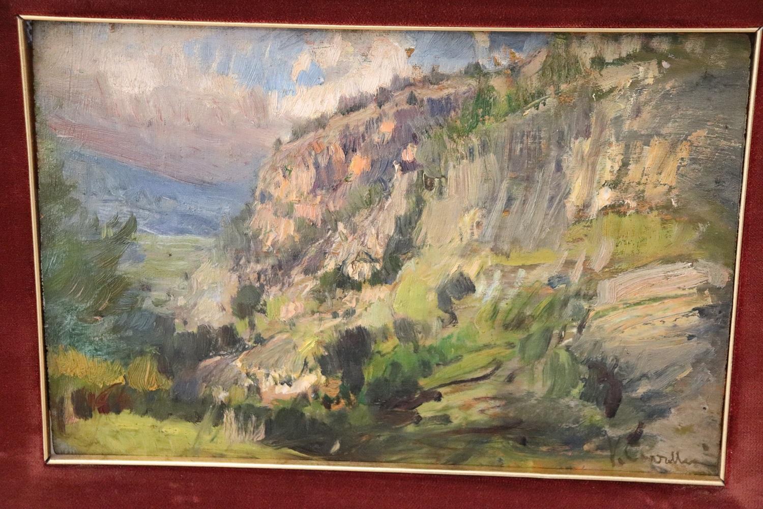 Beautiful oil painting on board 1920s. A splendid italian landscape at dawn signed by italian artist Vittorio Cavalleri (1860s, 1938s). Perfect for collectors who love landscapes. Excellent pictorial quality. Sold with antique wooden frame.