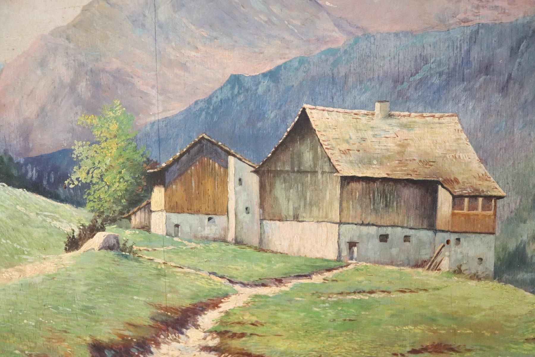 Wood Oil Painting on Board Italian Mountain Landscape by Cino Bozzetti, 1937s For Sale