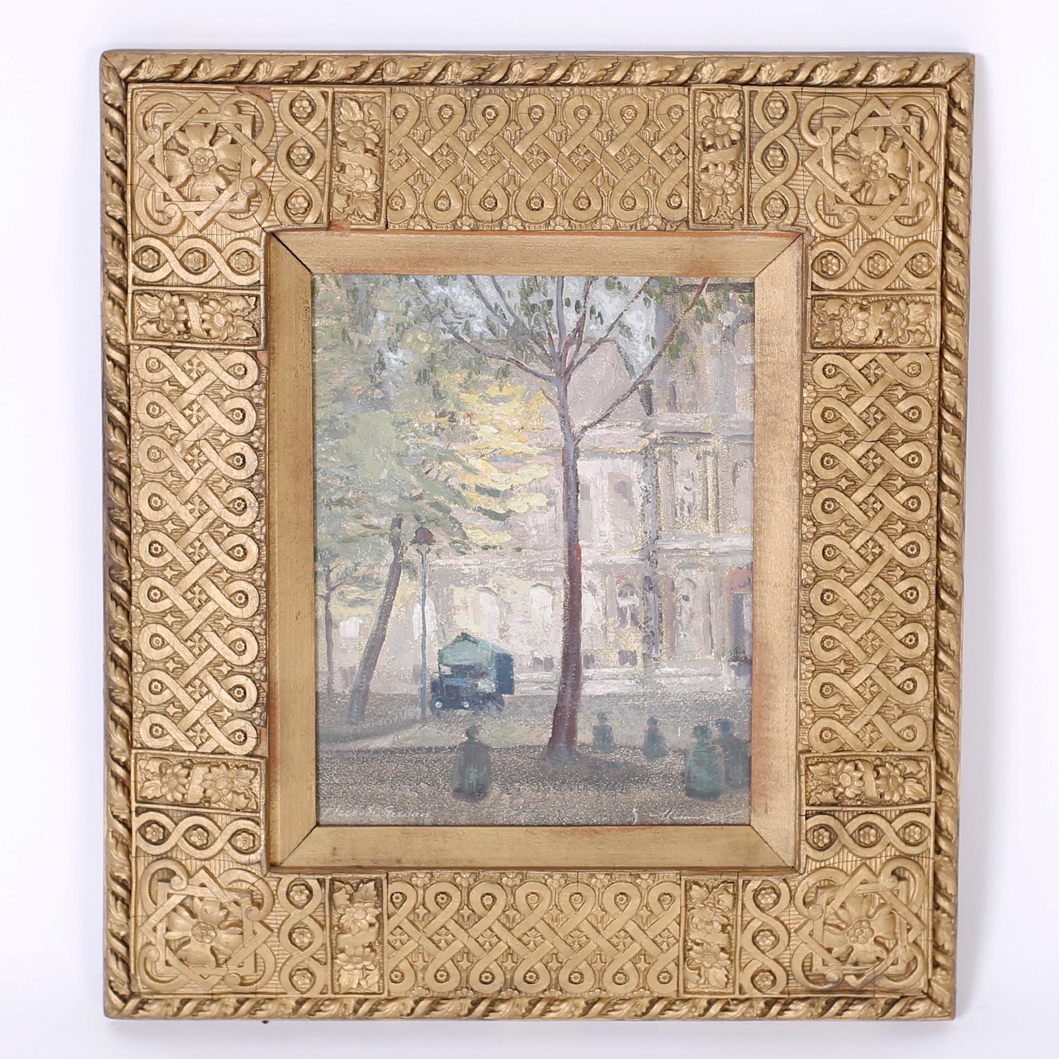 Impressionist oil painting on board of a Paris street scene with figures, trees, and architecture signed in the lower right Nimmo 53 and presented in an antique carved wood frame.

Actual painting is 10