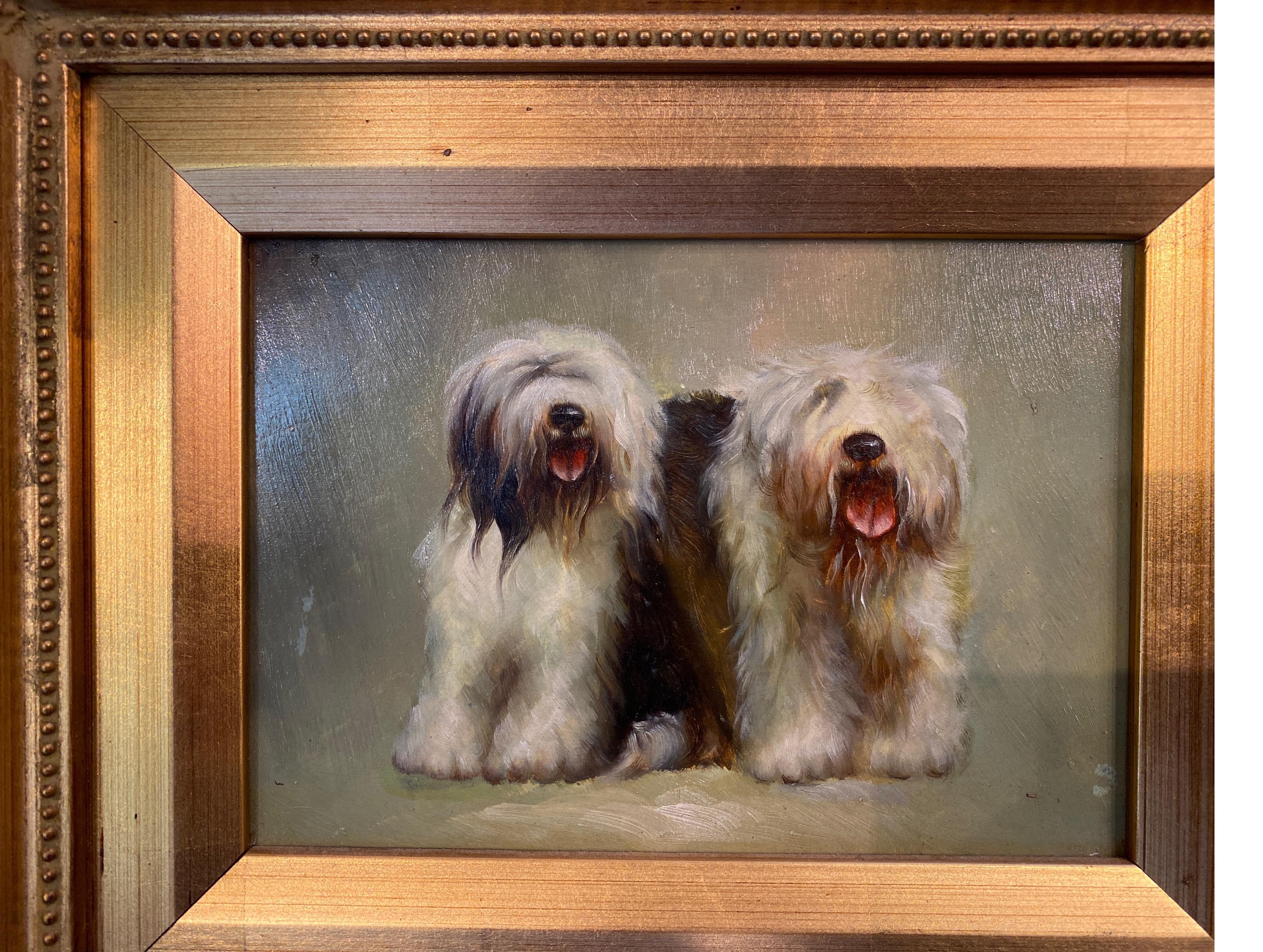 A oil on board painting of two English Sheepdogs. In original Gilt wood frame,