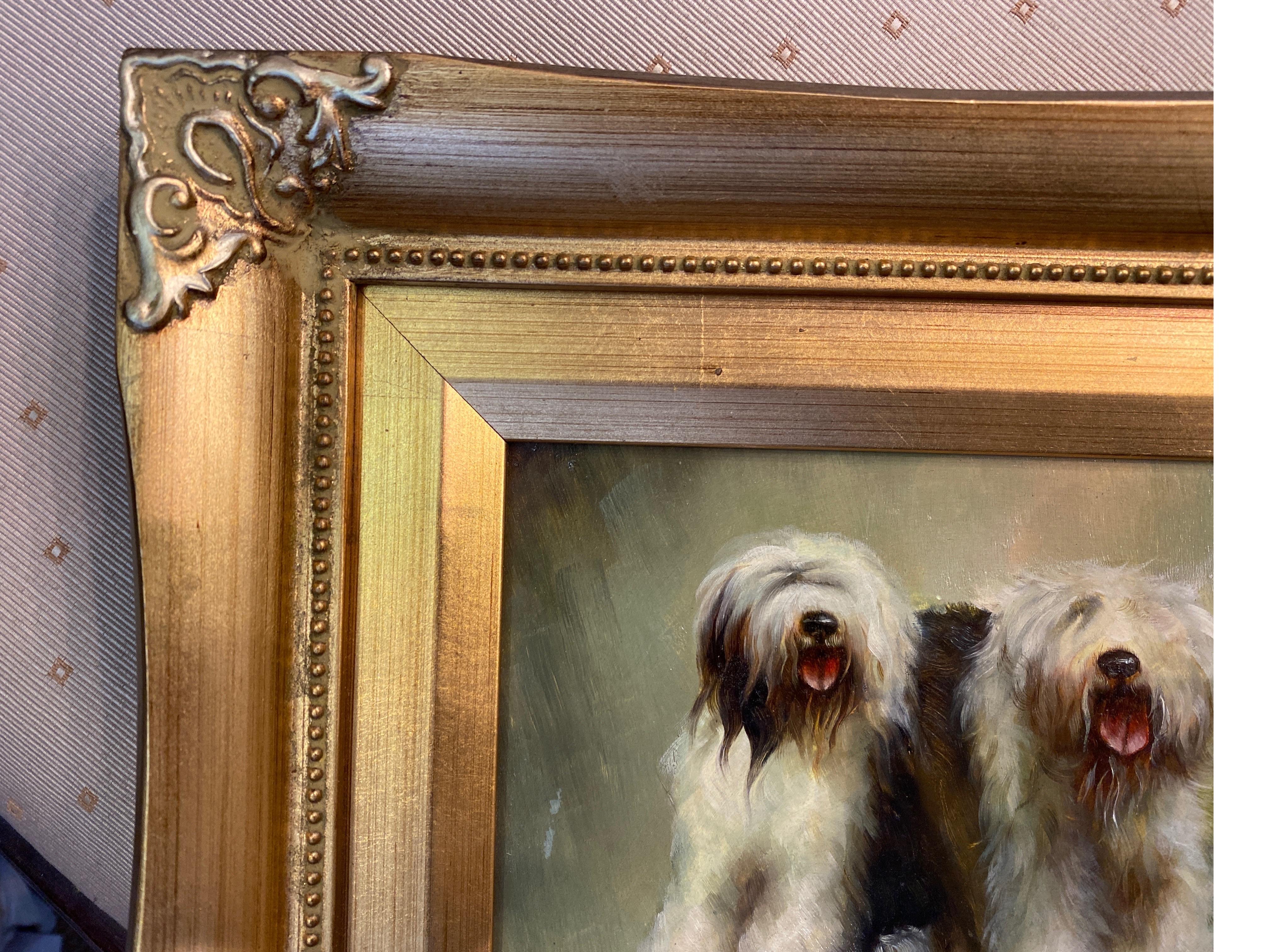 Hand-Painted Original Oil Painting on Board of English Sheep Dogs