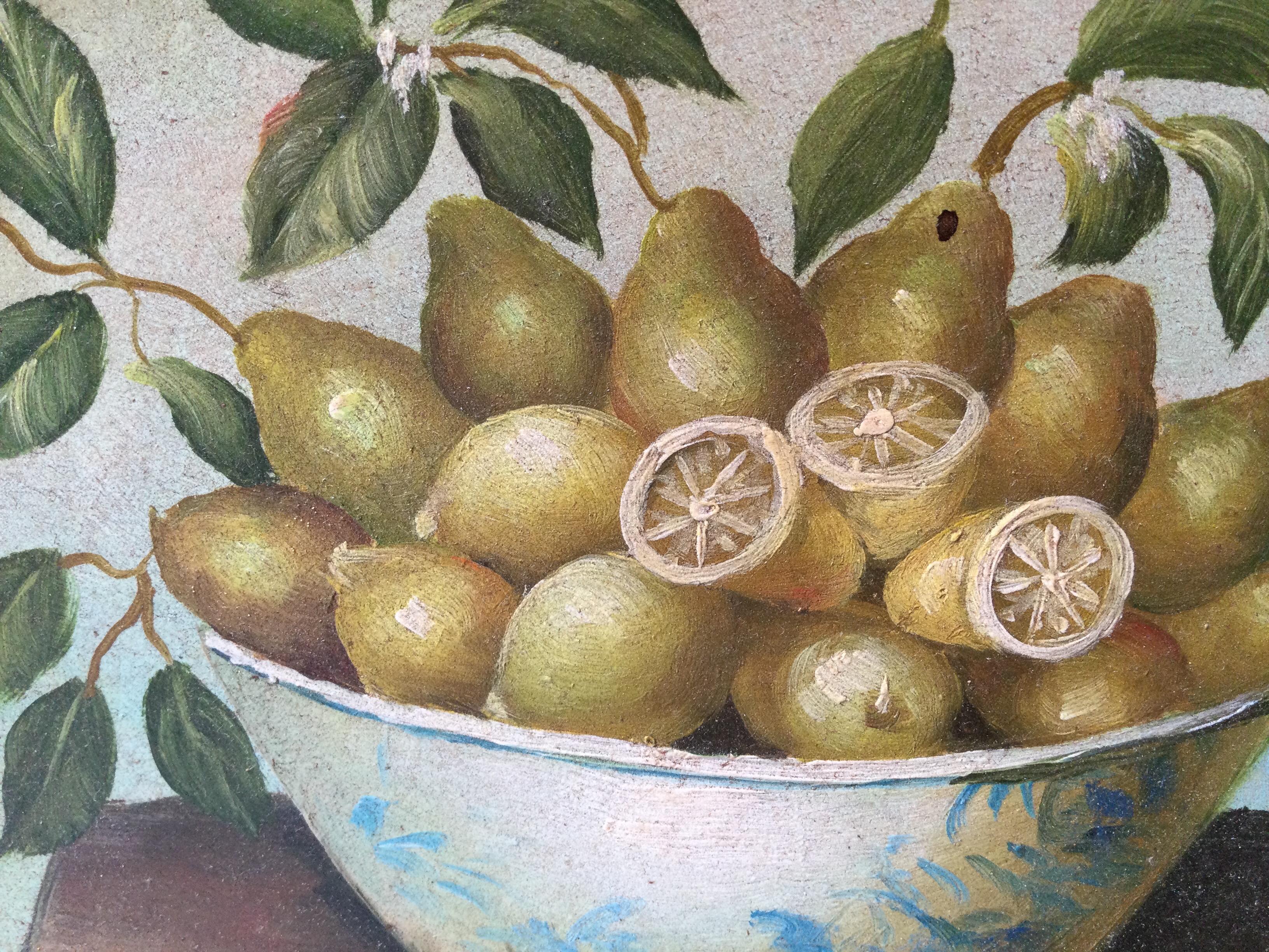 Oil Painting on Board of Pears and Lemons, Giltwood Frame In Good Condition In Lambertville, NJ