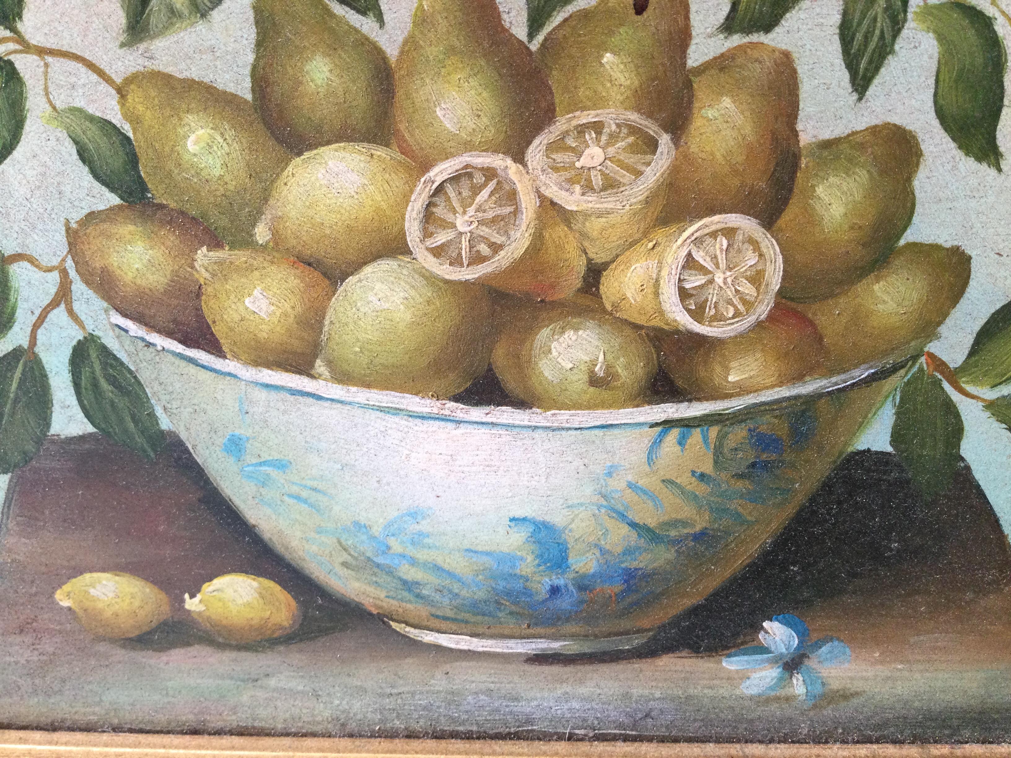 20th Century Oil Painting on Board of Pears and Lemons, Giltwood Frame