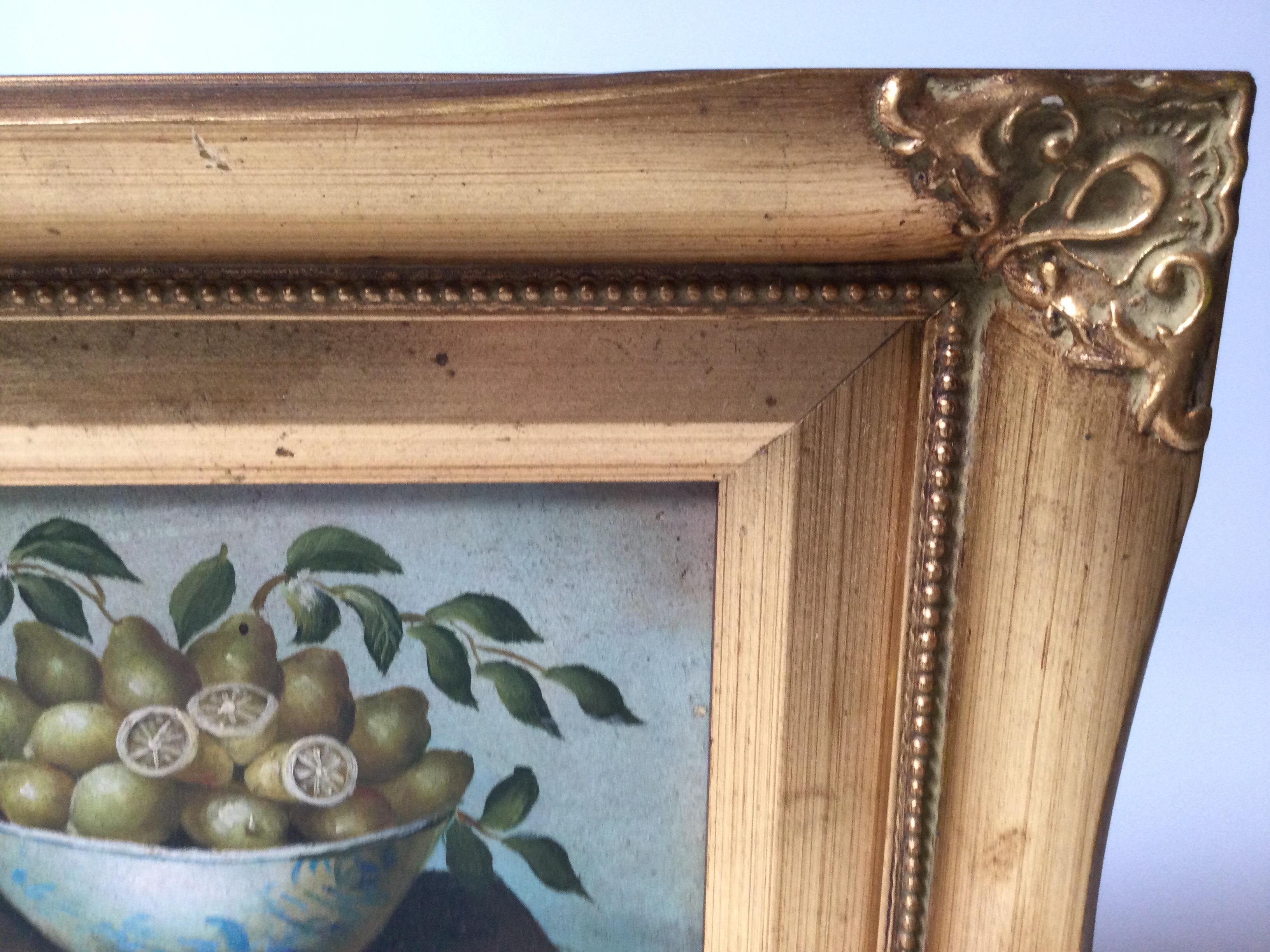 Oil Painting on Board of Pears and Lemons, Giltwood Frame 1