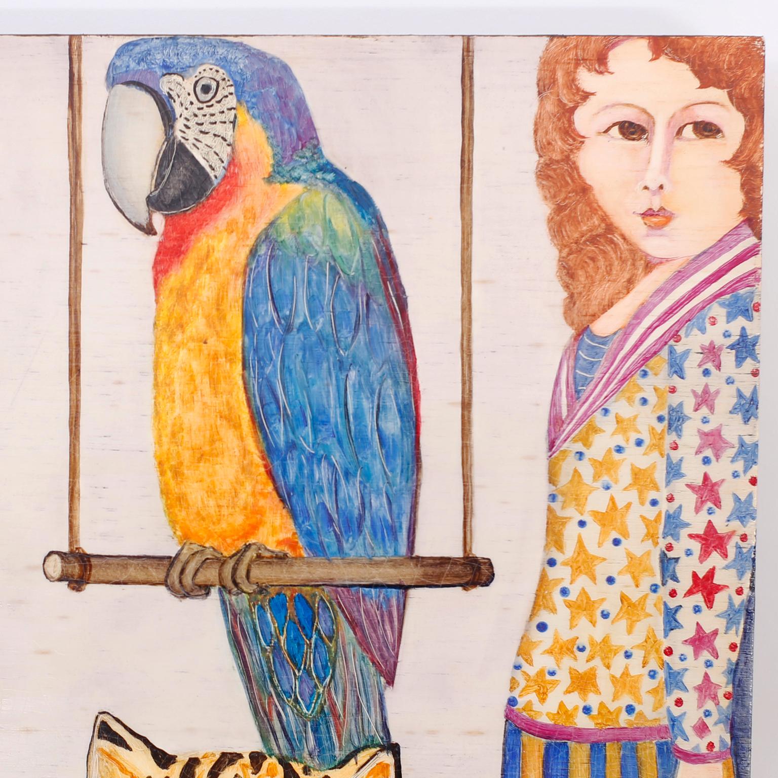 Moderne Peinture à l'huile sur panneau - Peinture de personnes, d'animaux et d'oiseaux en vente