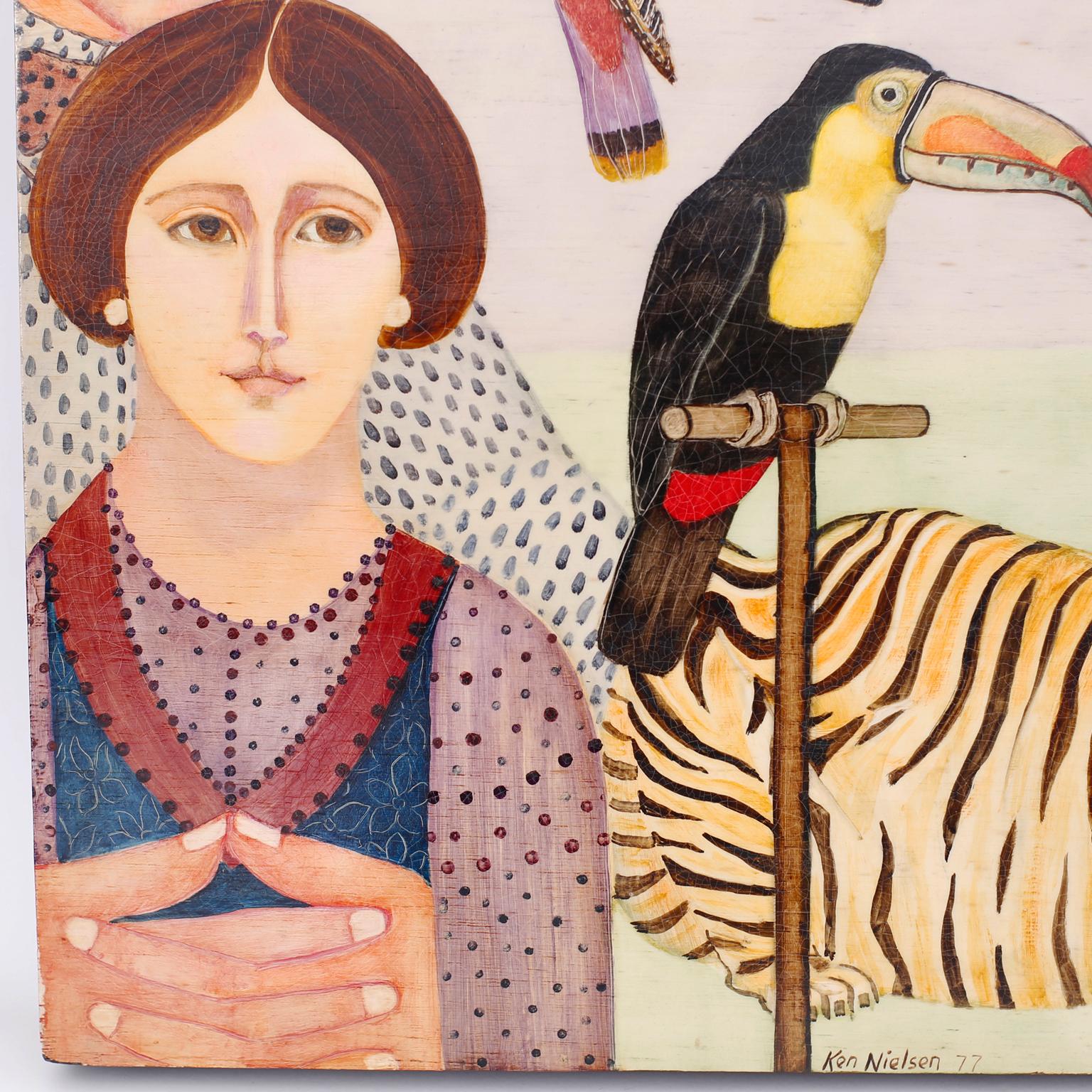 Peint à la main Peinture à l'huile sur panneau - Peinture de personnes, d'animaux et d'oiseaux en vente
