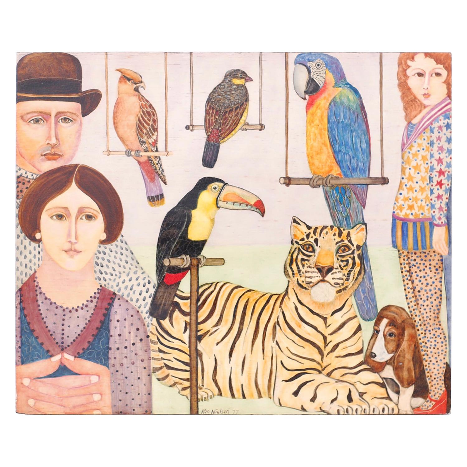 Peinture à l'huile sur panneau - Peinture de personnes, d'animaux et d'oiseaux en vente