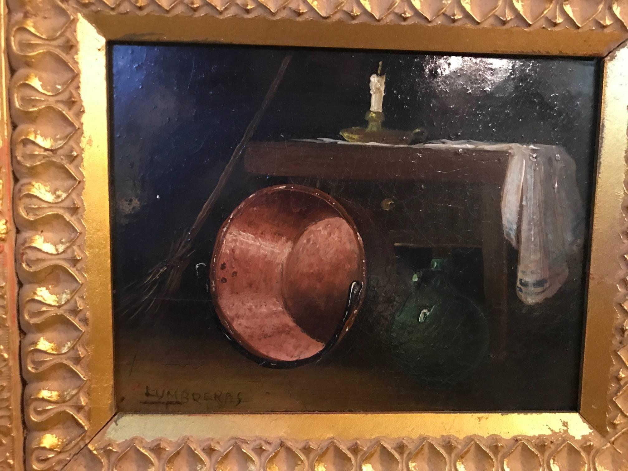 A well painted diminutive oil on panel of a draped table with everyday items. Well executed still life with great detail and form. The frame is a double layered wood and gesso frame that compliments this painting and bring it to a very high level,