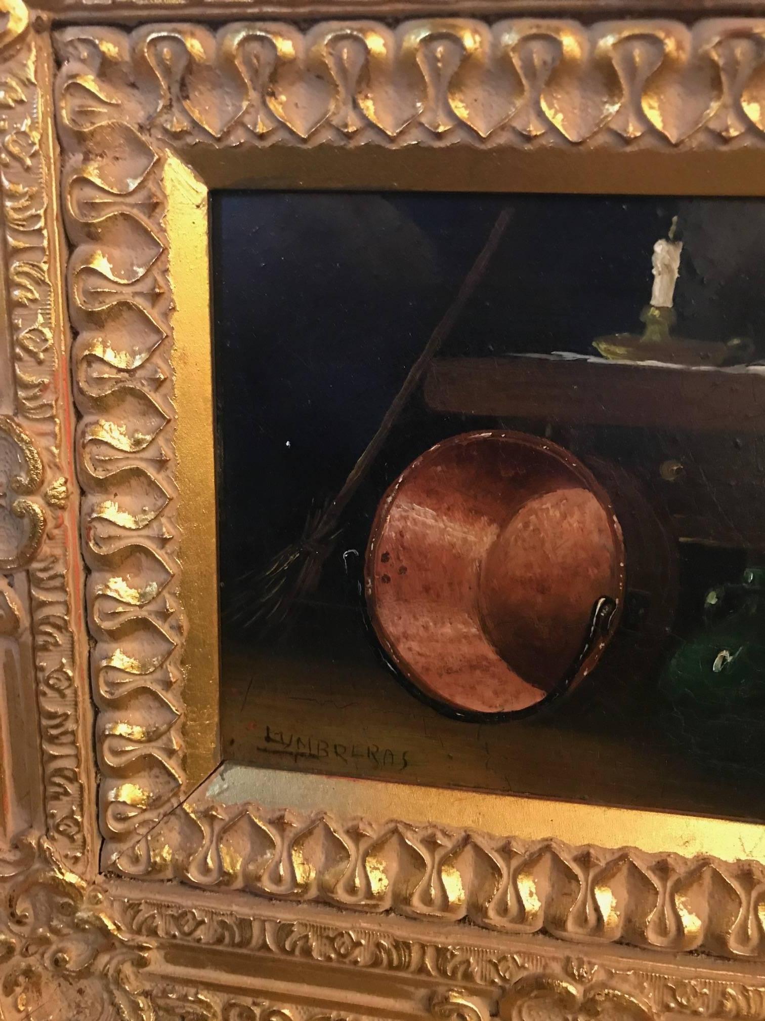 Europeo Pittura a olio originale su tavola con cornice dorata, firmata dall'artista Lumbreras
