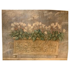 Vintage Oil Painting on Burlap by Jacques Lamy in Classical Stylized Floral Arrangement